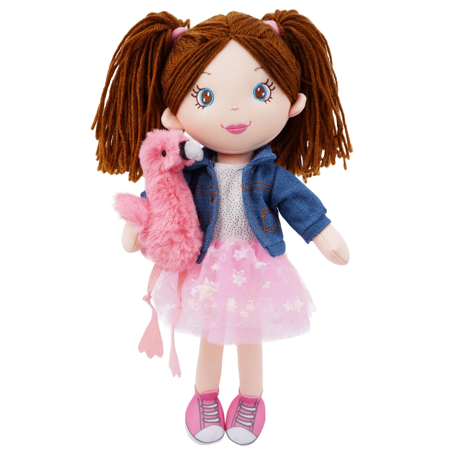 June Garden 15" Playmate Buddies - Plush Doll Mia with Her Stuffed Animal Companion Flamingo Rosie for Kids