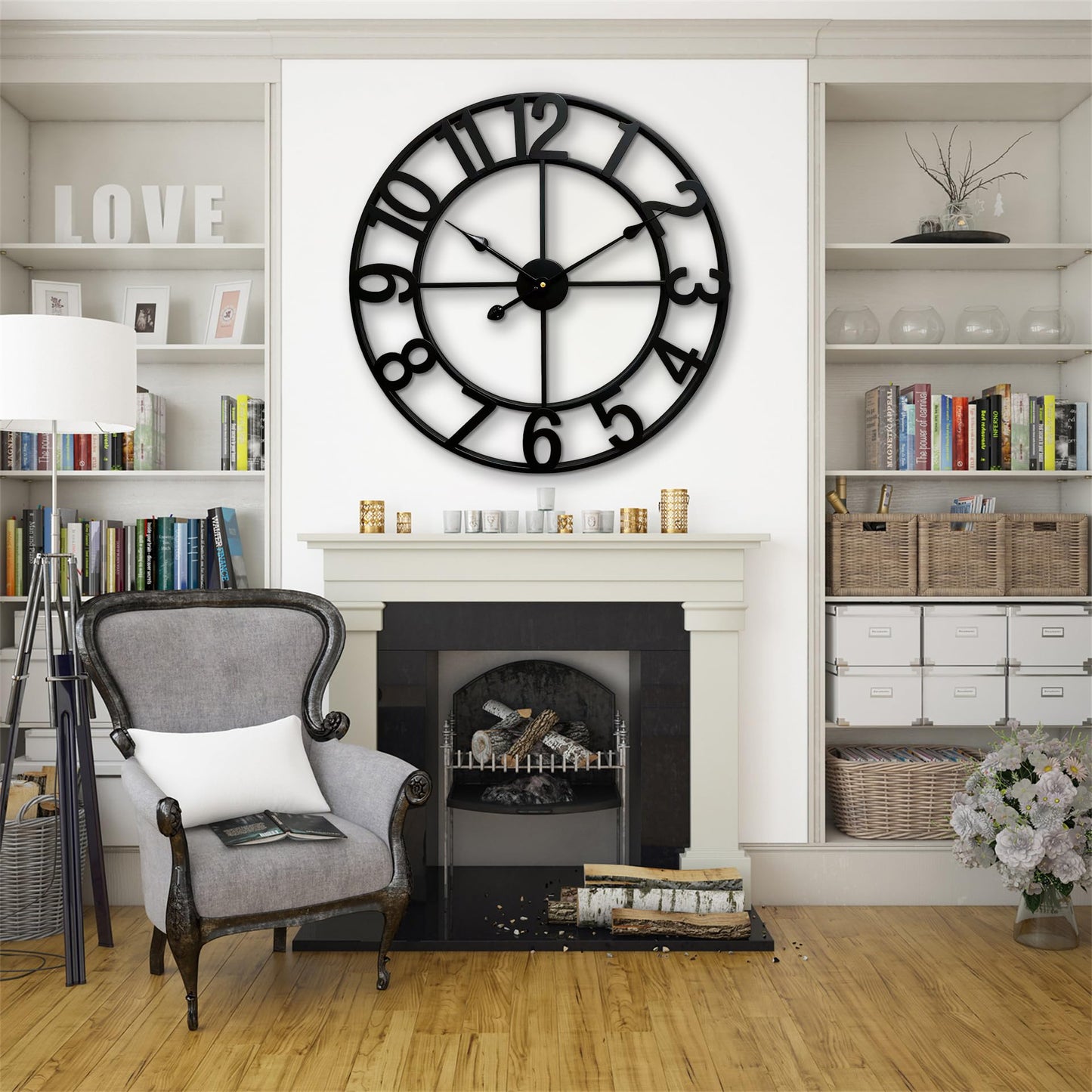 CLXEAST 24 Inch Wall Clocks for Living Room Decor, Large Black Metal Wall Clock Battery Operated, Silent/Non Ticking, Regular Arabic Numeral