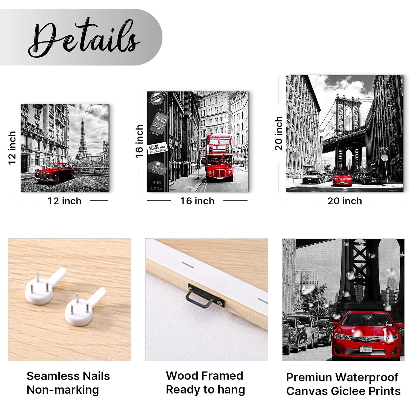 Black and White Canvas Wall Art Bedroom Decor Red City Landscape Pictures Prints Modern Artwork for Living Room Paris New York London Rome Contemporary Painting Kitchen Office Home Decorations 20x20"