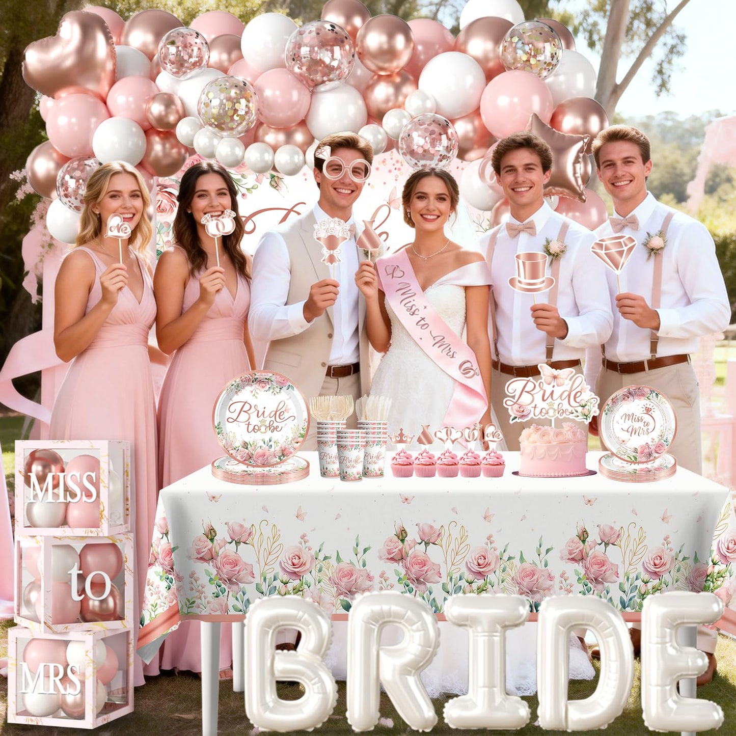 Cocomigo 330pcs Bride to Be Decorations, One-stop Set for 25 People, Includes 350gsm Plates Photo Props Cupcake Toppers Veil and Sash, Pink Bridal Shower Decorations for Female