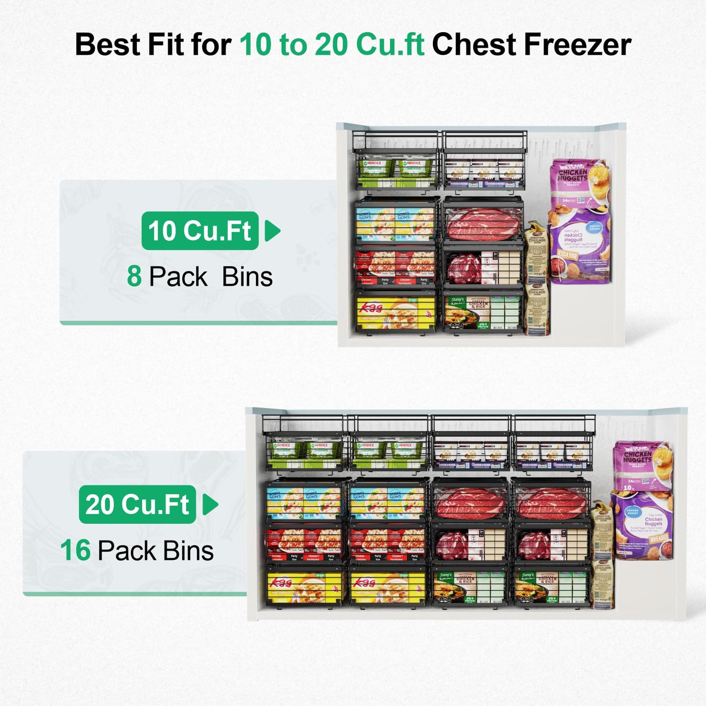 iSPECLE Freezer Organizer Bins for 10 to 20 Cu.Ft, 2 Pack Expandable Hanging Baskets Fit 17.5"-22.6" Width, Metal Wire Storage Racks for Deep Freeze, Not for Upright, Black