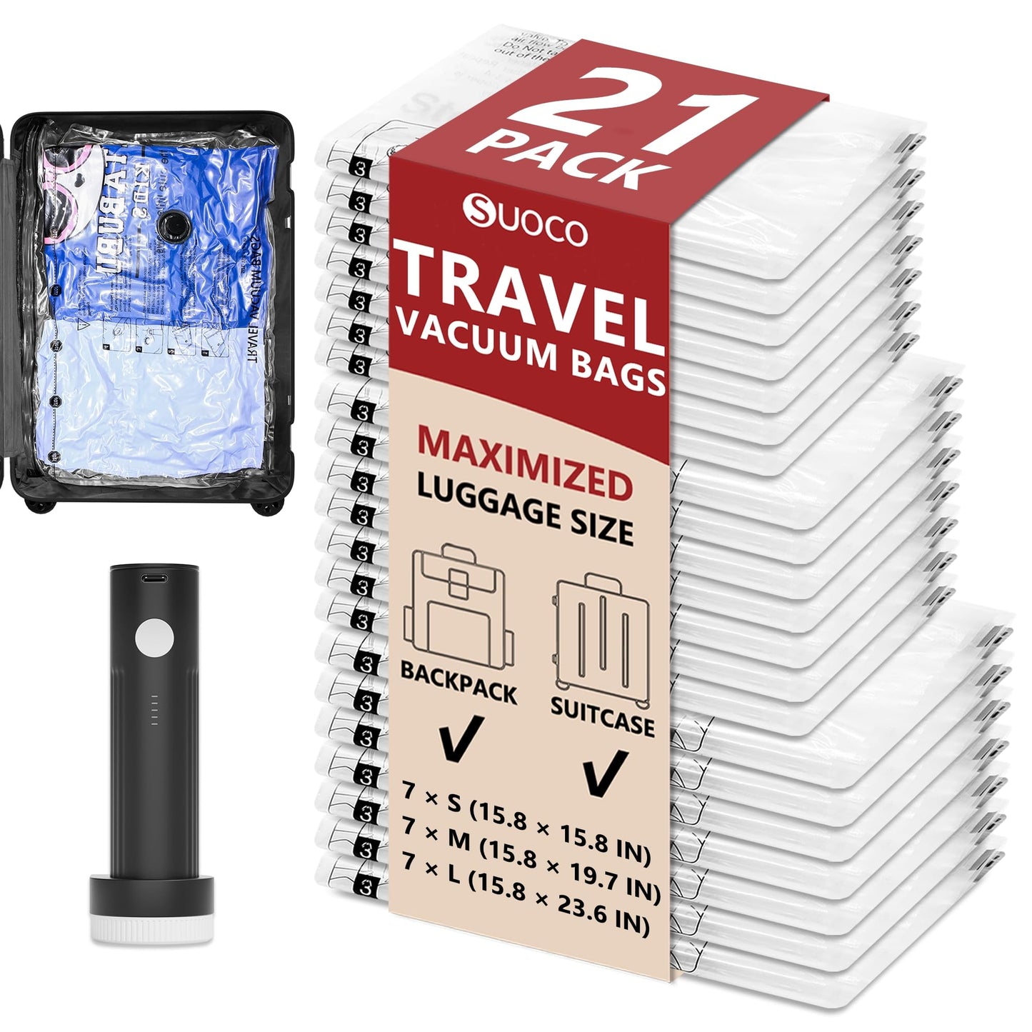 Travel Vacuum Bags for Clothing with Rechargeable Electric Pump, Compression Packing Cubes Organizer Storage for Luggage Suitcase, Space Saver Seal Bags for Vacation Cruise, 21 Combo