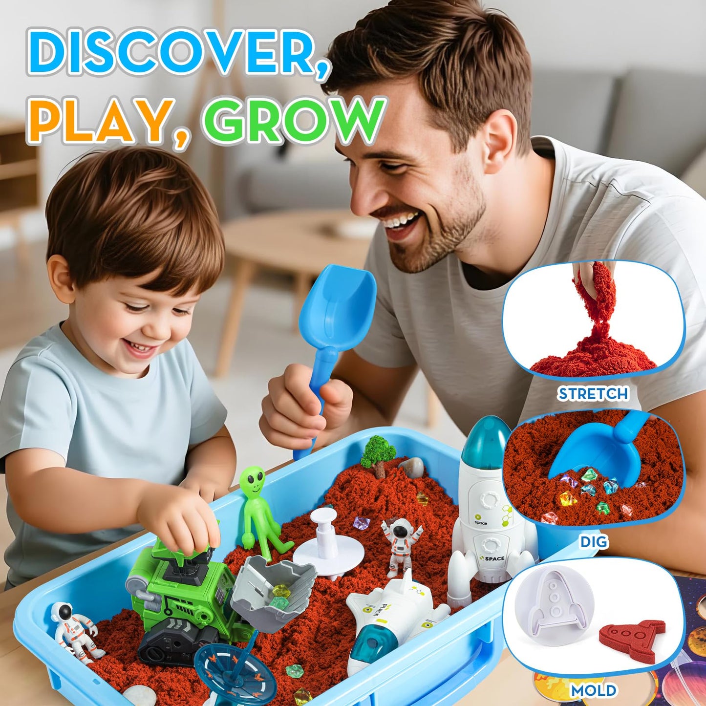 KNASON Outer Space Sensory Bin,Play Sand Kit for boys with 1 KG Sand,Glow in The Dark Alien and Gems,Space Science Kits Sandbox Toys Preschool Toddler Activities Christmas Gift for Kids Ages 3-8