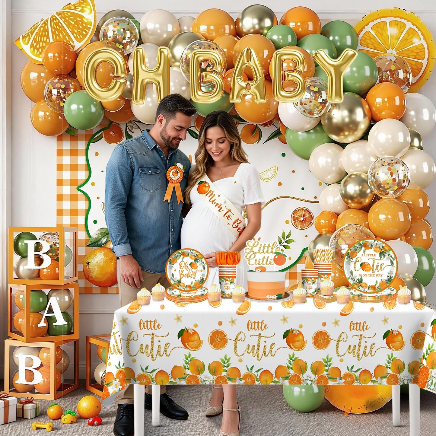 Fexivo 279 PCS A Little Cutie Is On The Way Decorations, All-in-One Orange Baby Shower Party Pack With Balloon, Backdrop, Plates and Napkins, for Little Cutie Baby Shower, Service 25