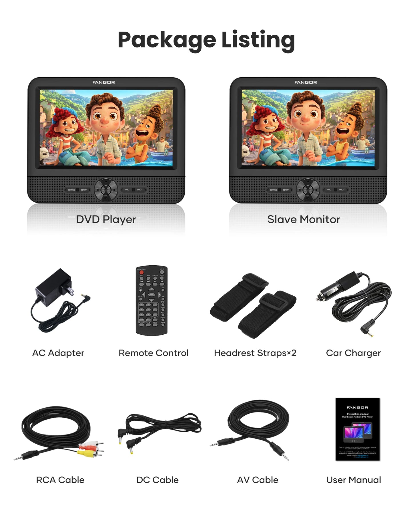 FANGOR 7.5’’ Dual Car DVD Player, Portable DVD Player for Car with 5H Battery, Last Memory, AV Out & in, Support USB/SD/Sync TV (1 Player+1 Monitor)