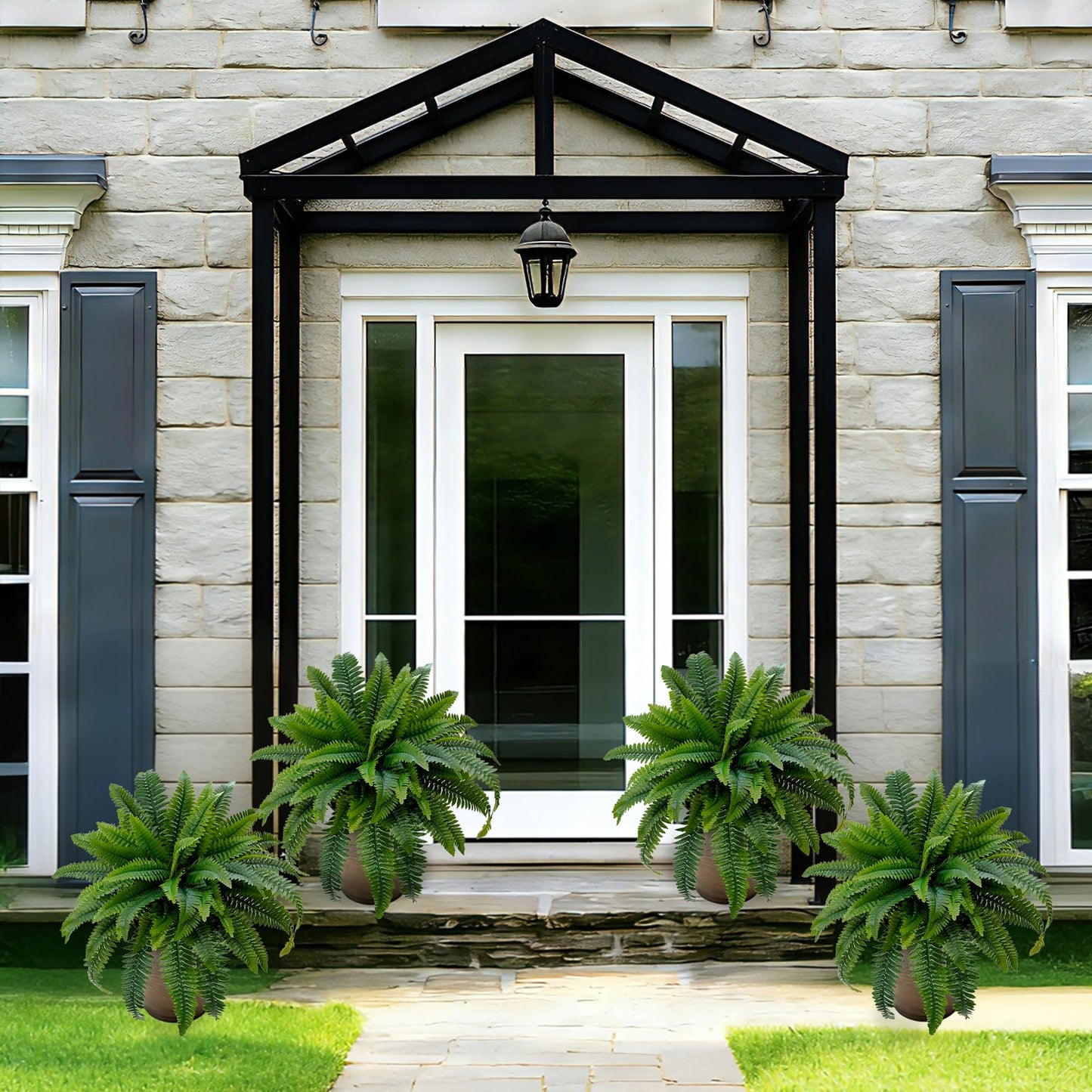 Senjie Artificial Boston Fern 4 Set 55 Branches Fake Ferns for Outdoors 32Inch Faux Plant for Home Living Room Office Decor