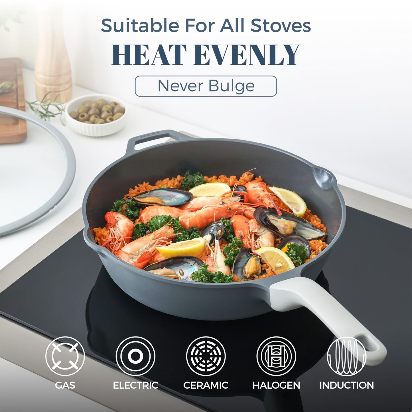 PRICUSIS Ceramic Nonstick Deep Saute Pan with Lid, 10/12 Inch Non Toxic Pans with Double Pour Spout, Helper Handle and Lid, Metal Utennsil Safe, Dishwasher Safe, (12 Inch, Gray)