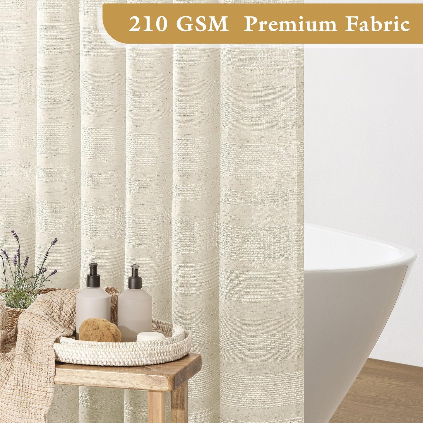 Craidlela Extra Long Boho Farmhouse Shower Curtain with Tassel, Linen Bohemian French Country Chic Bathroom Shower Curtain Set, Modern Striped Textured Shower Curtain 72x84 - Beige/Cream