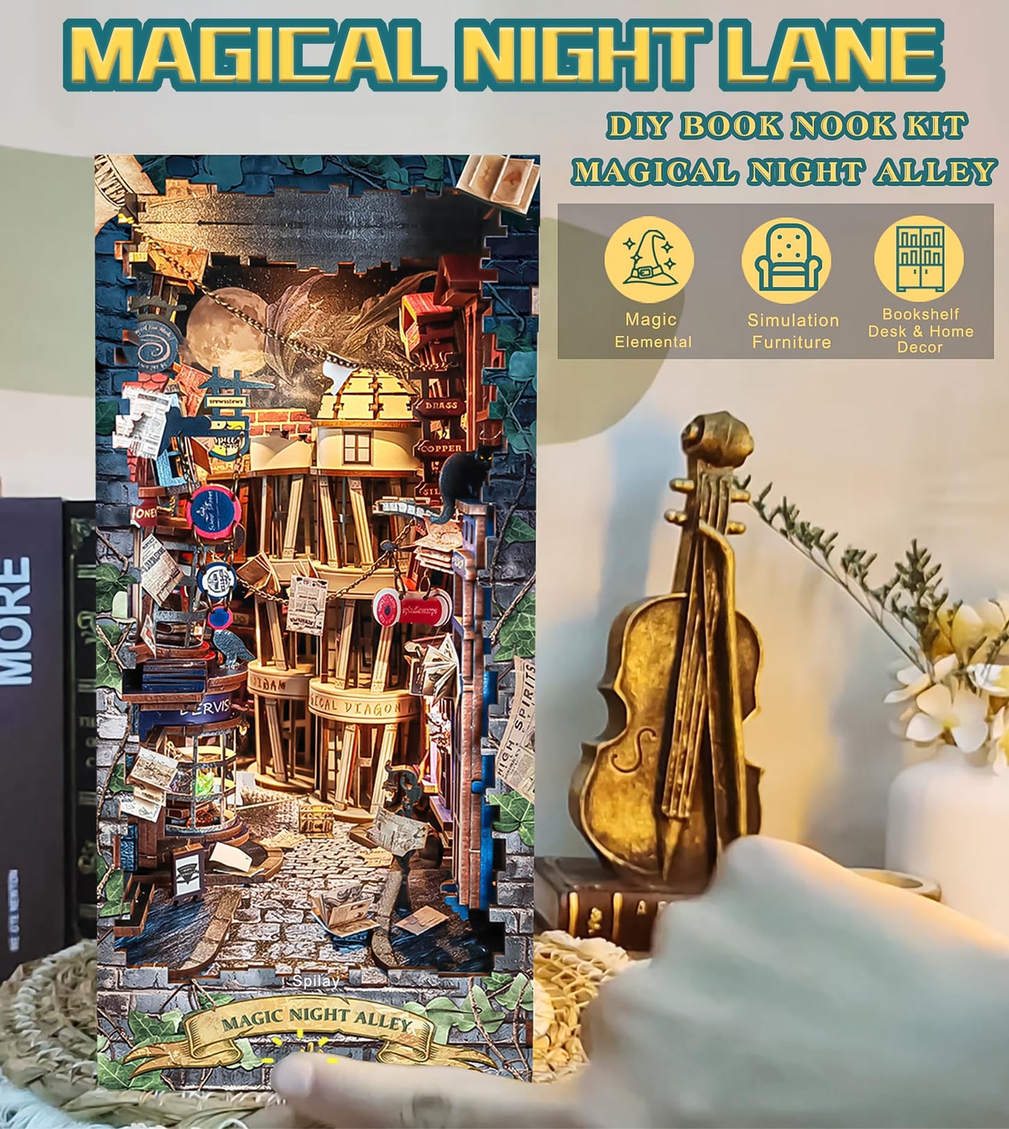 Spilay Book Nook Kits for Adults, Magic DIY Miniature House Kit with LED Light, 3D Wooden Puzzle Mini House Building kit for Bookshelf Decor, Desk Decor, Gift for Readers, Teens & Adults