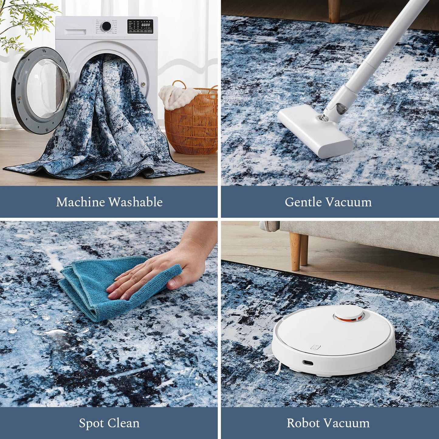 Rugflix 5x7 Area Rugs for Living Room, Washable Large Rug Stain-Resistant Low Pile, Modern Dark Carpet for Dining Room Home Office Kid Room Nursery Bedroom, Navy Blue/Black