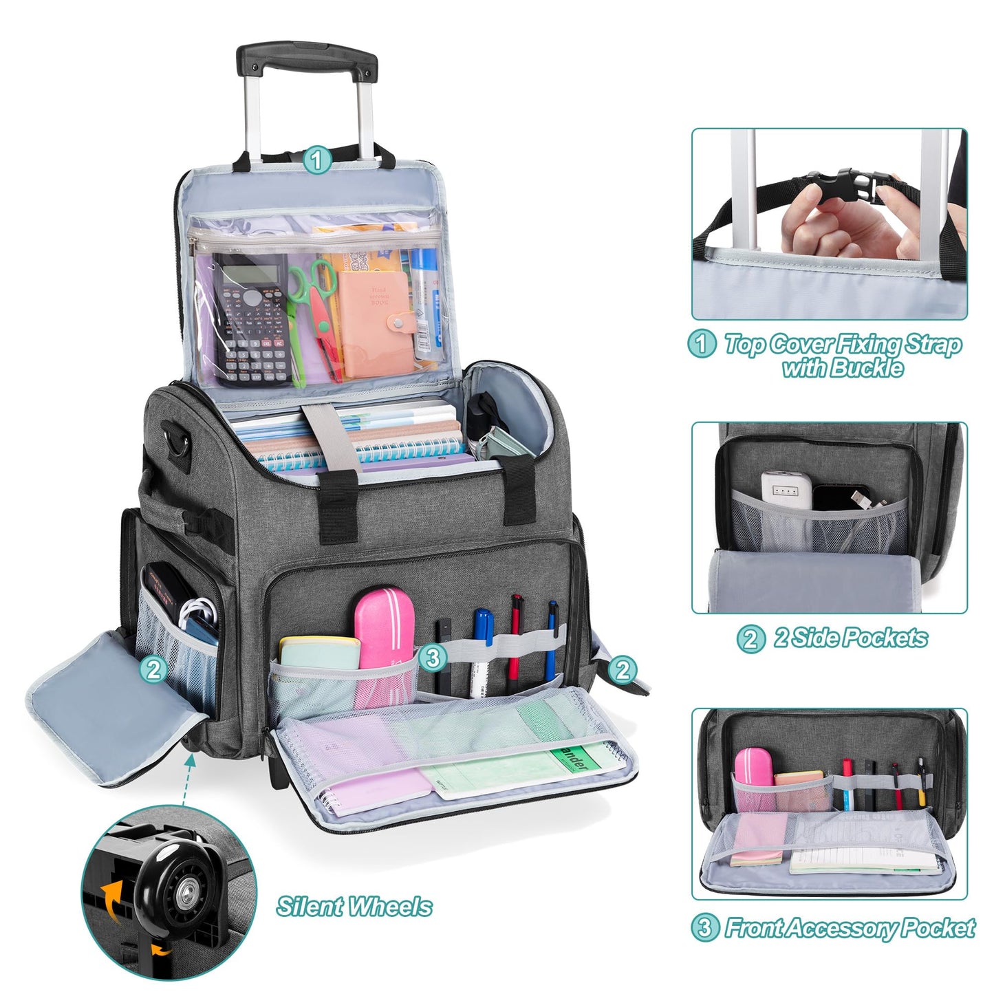 CURMIO Rolling Teacher Bag, Rolling Cart for Teachers with Wheels, Large Teacher Tote Bag for Women, Gray(Patented Design)