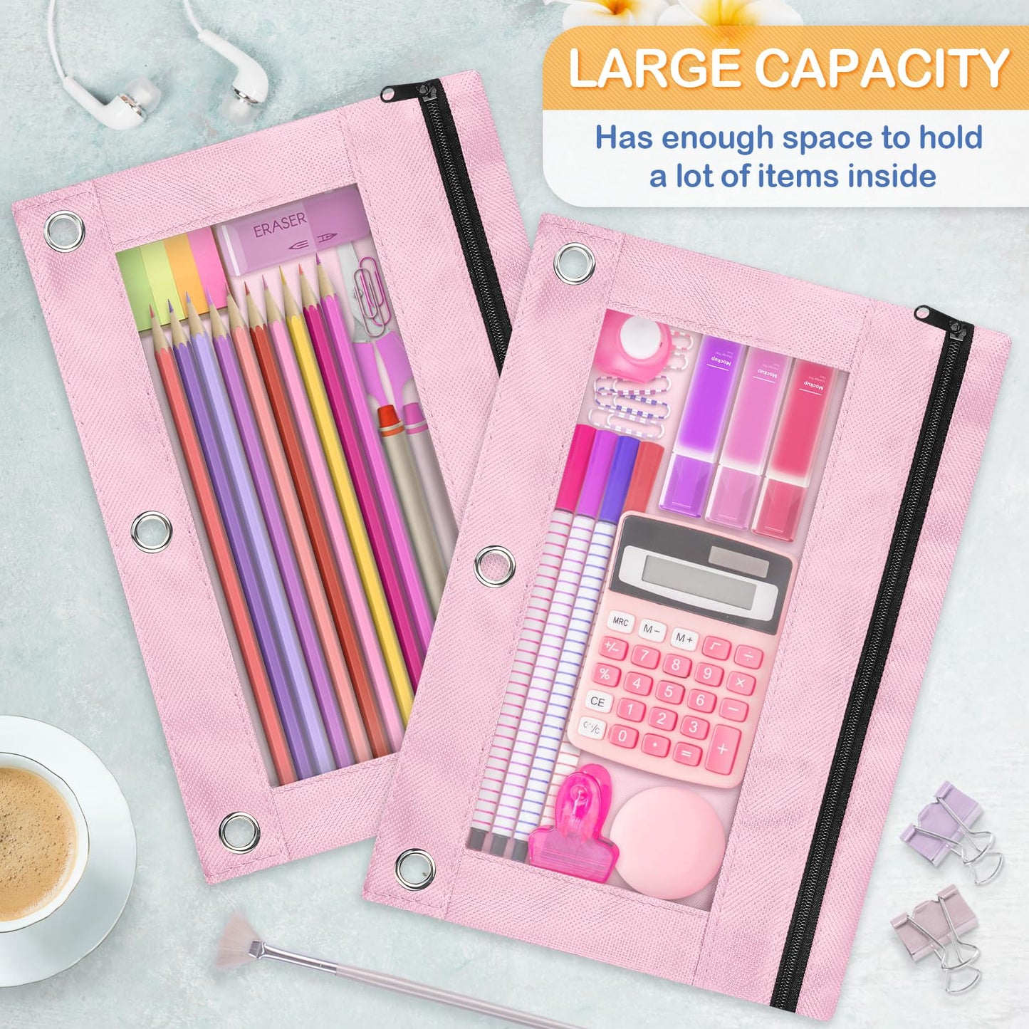 100 Pack 10 Colors Pencil Pouch for 3 Ring Binder, Binder Pencil Pouch with Smooth Zipper, Clear Window Pencil Case Binder, Durable Zipper Pencil Pouch, Bulk Pencil Bags for School and Office Supplies