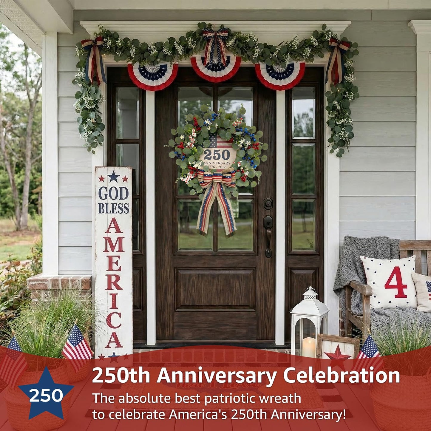 4th of July Eucalyptus Wreath for Front Door - 23 inch 1776-2026 USA 250th Anniversary Patriotic Outdoor Decorations, Memorial Day Wreaths with Red White Blue Berries and Bow