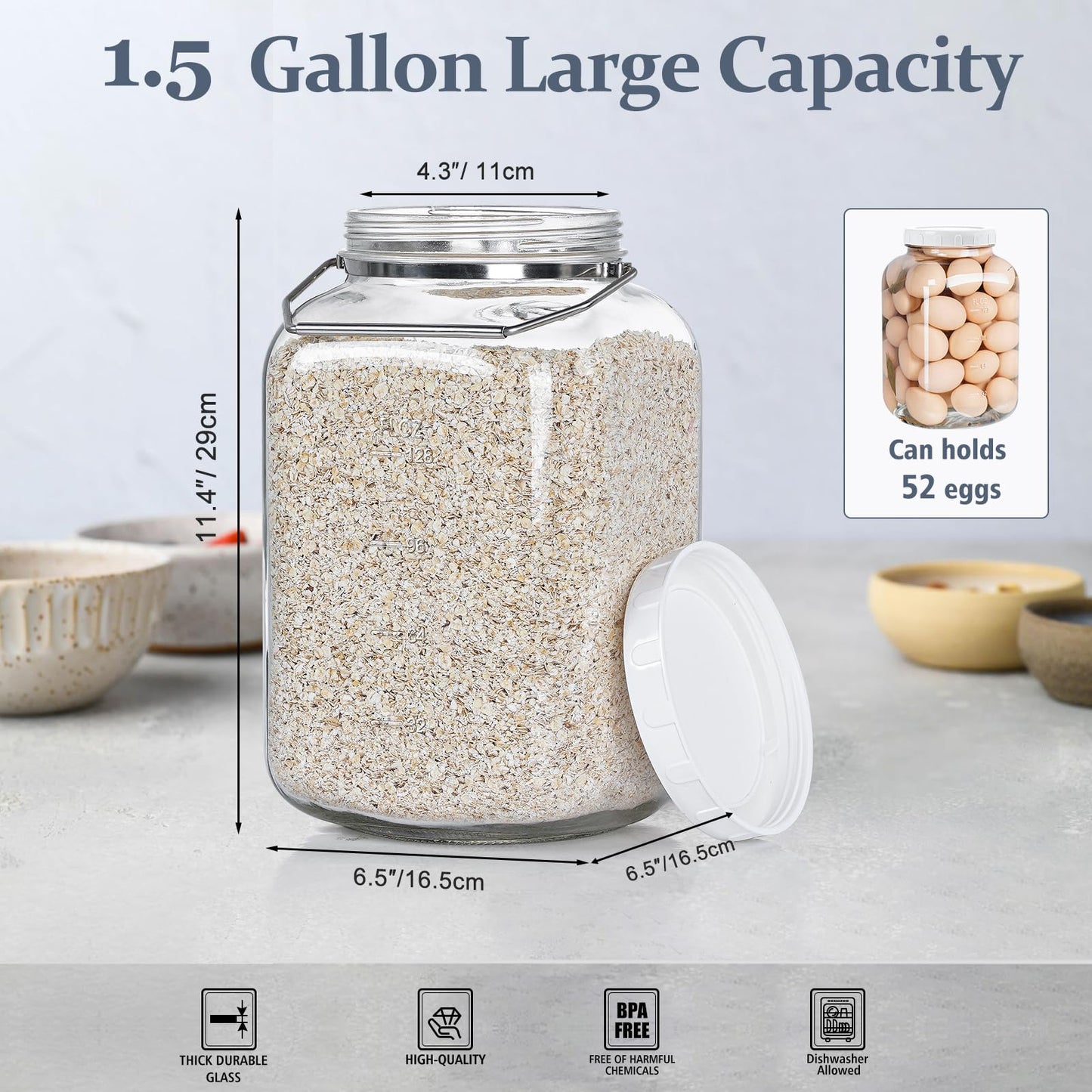 2 Pack 1.5 Gallon Glass Jar with Lid Wide Mouth, Large Mason Jar with Airtight Screw Lid and Handle, Clear Glass Storage Containers with 2 Scale Mark for Flour, Cookie, Candy, Kombucha and Fermention