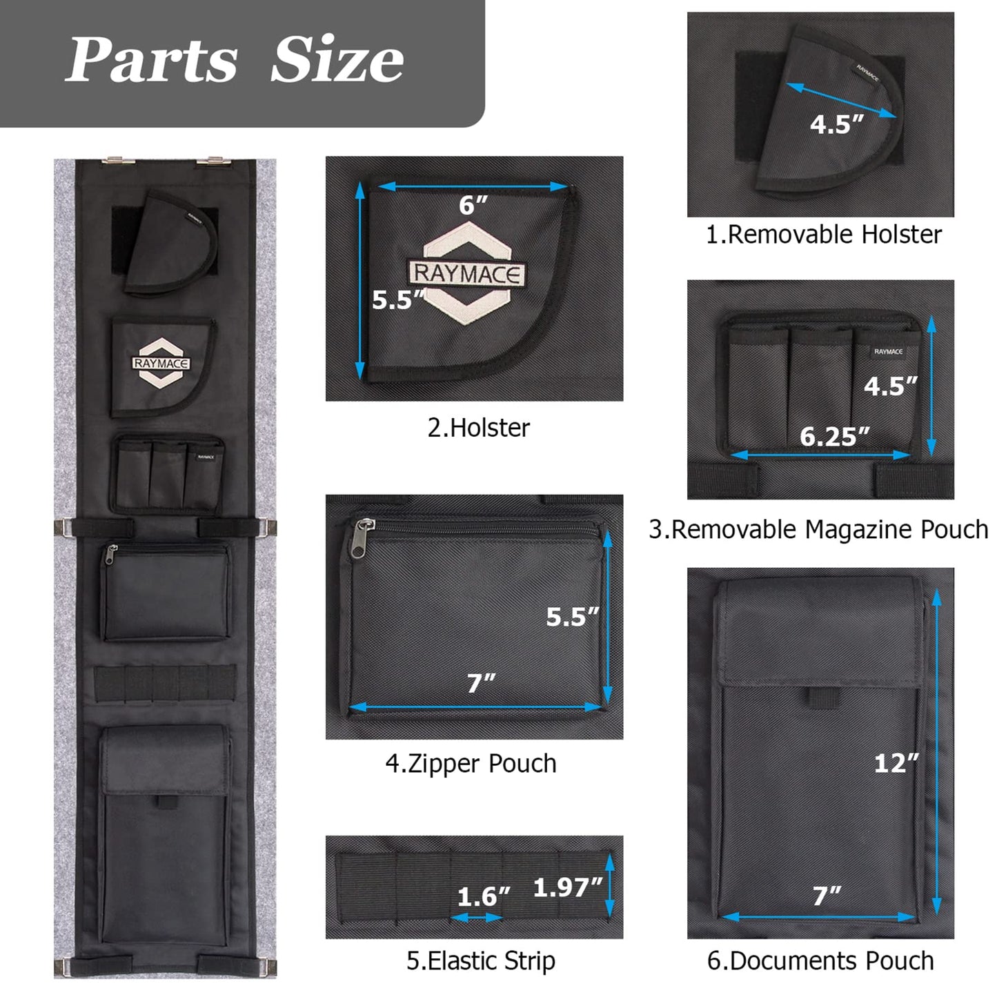 RAYMACE Gun Safe Door Panel Organizer 10W*46H inch，Adjustable Width to 13 Inch, Pistols and Documents Storage Solution