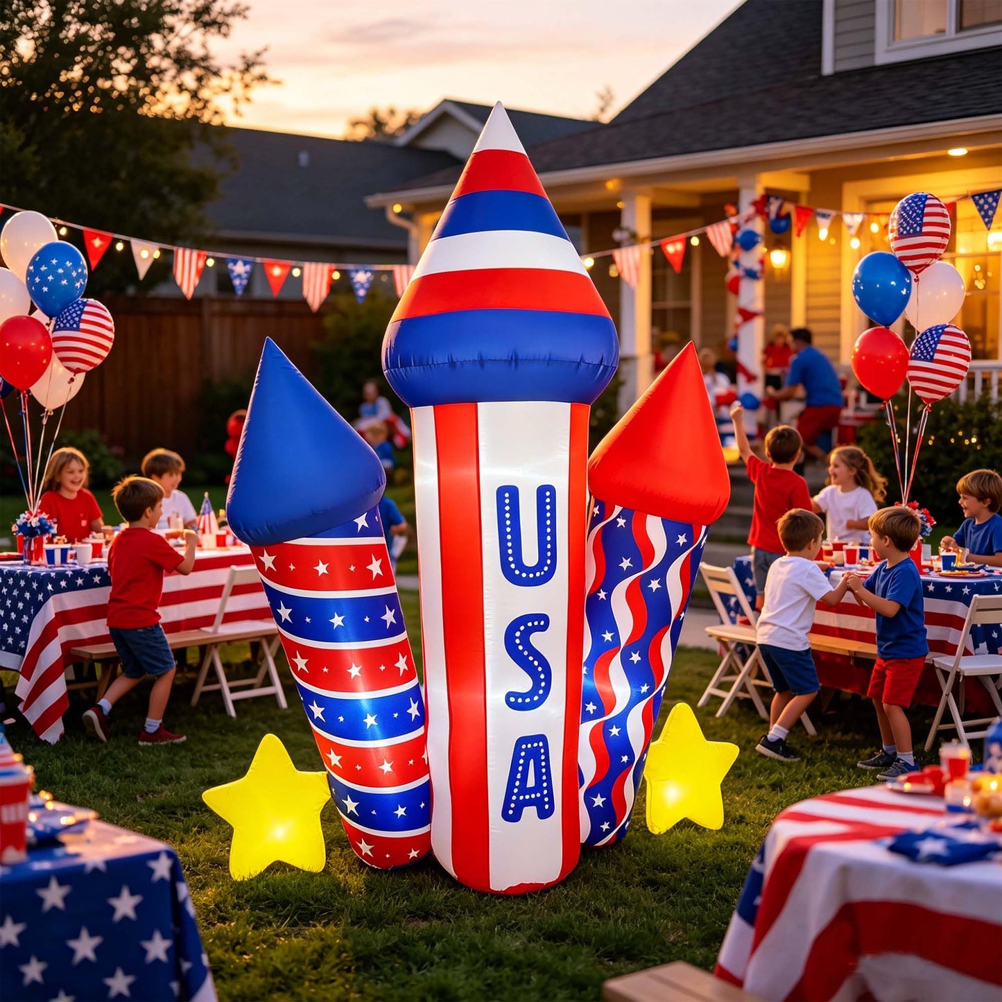 SEASONBLOW 5 Ft 4th of July Inflatables USA Rocket Decoration, LED Lighted Patriotic Independence Day Blow Up Firecracker Decor for Lawn Yard Garden Home Memorial Day 250th Anniversary
