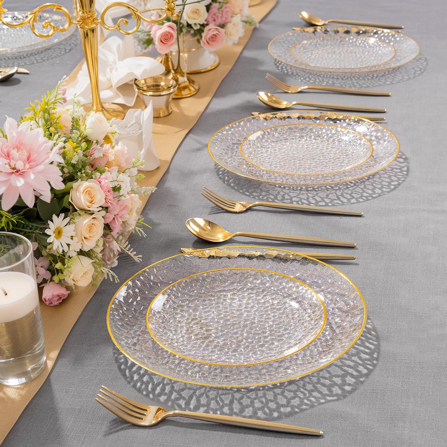 Rubtlamp 60Pcs Clear Gold Plastic Plates, Gold Glitter Disposable Plates, Hammered Plastic Plates Included 30 Dinner Plate And 30 Dessert Plates for Party