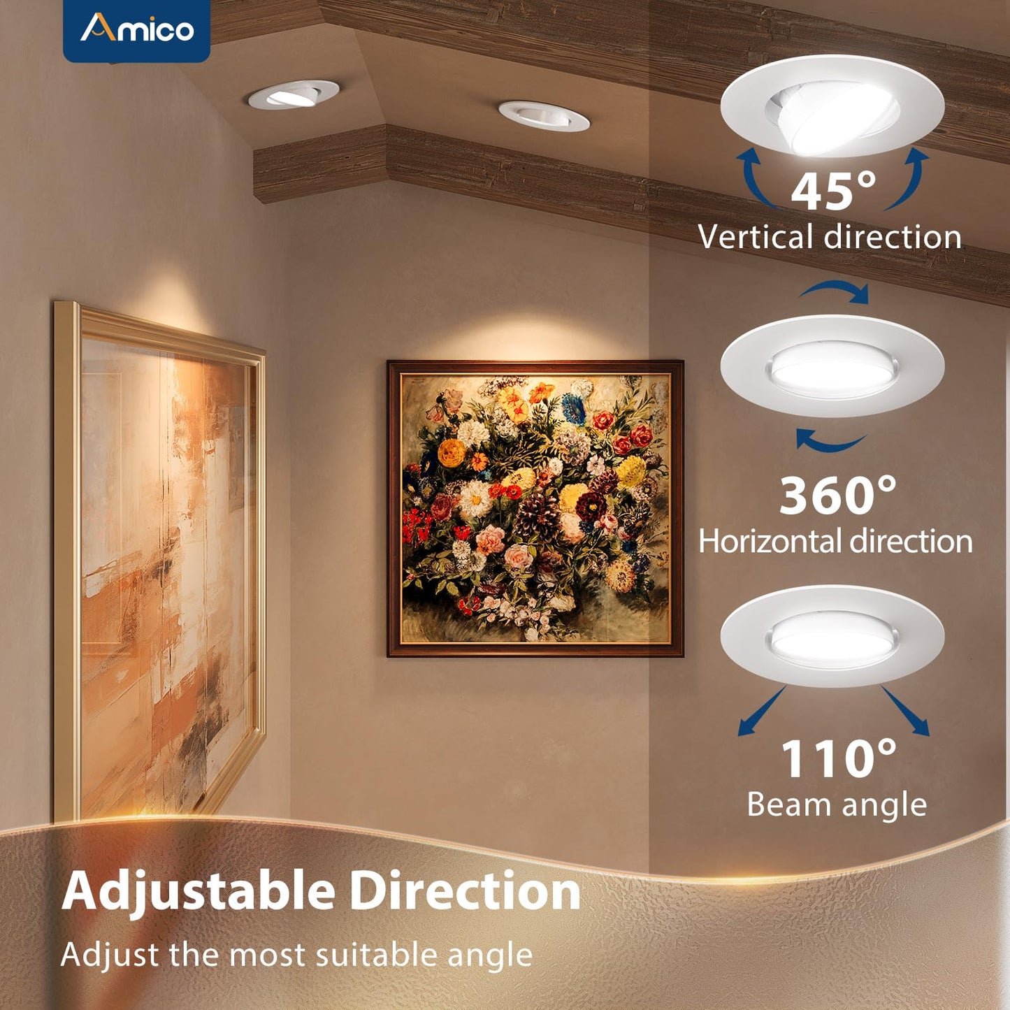 Amico 5/6 Inch Retrofit Eyeball Gimbal Can Lights 6 Pack, 5CCT LED Recessed Lights Directional Angled Trim Adjustable Ceiling Downlight, 2700K/3000K/4000K/5000K/6000K, 16W=150W, 1500 LM- ETL&FCC