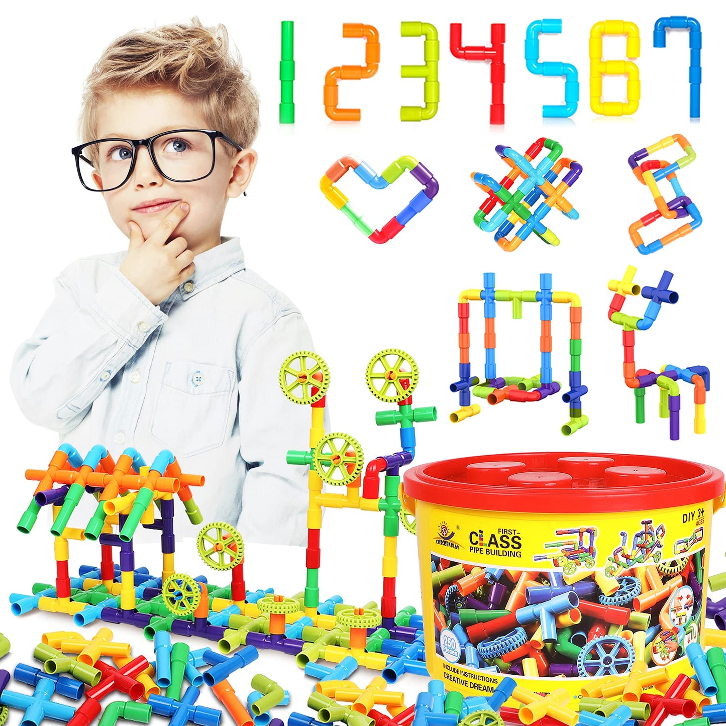 250 Pieces Tube Learning Toy for Toddlers, STEM Educational Containers for Classroom, Preschool Building Toys, Interactive Autistic Sensory Toys, Interactive Gifts