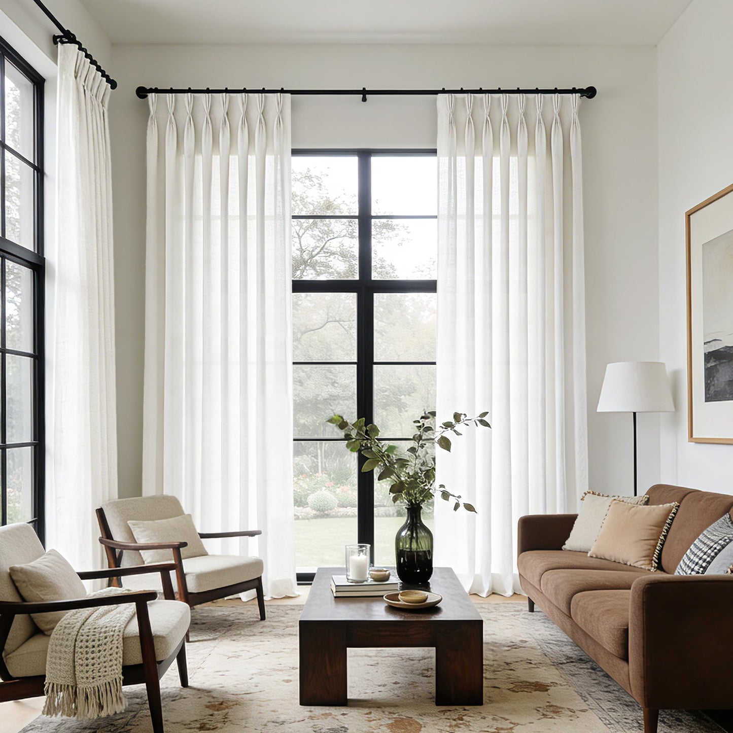 Triple Pinch Pleated 90 inch Long Linen Curtains 2 Panels Set for Living Room Track System Curtains Neutral Modern Farmhouse Light Filtering Semi Sheer Linen Blend Pinch Pleat Drapes 90 Length Cream