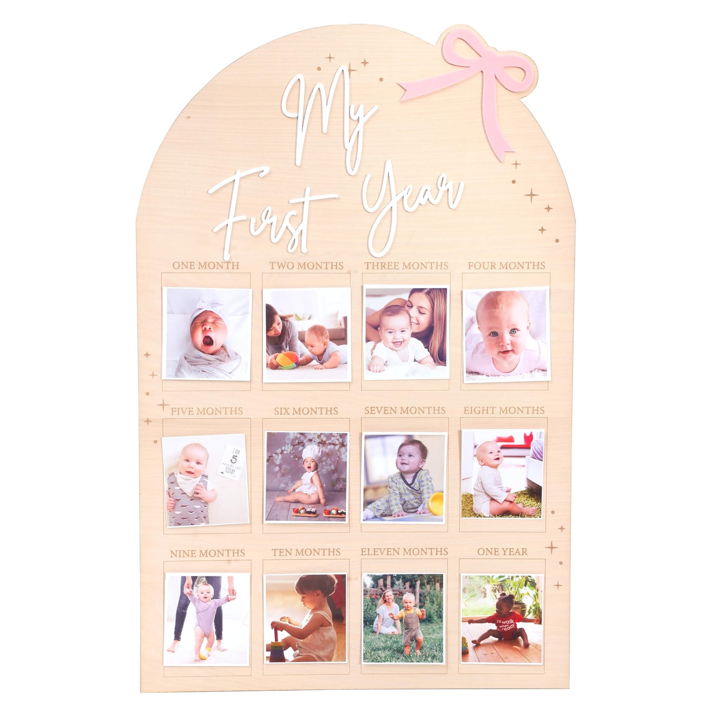 WAUAO Bow My First Year Birthday Board - One Year Of Photo Board,Monthly Milestone Wood Photo Board,First Birthday Decorations Girl,12 Months Photo Banner