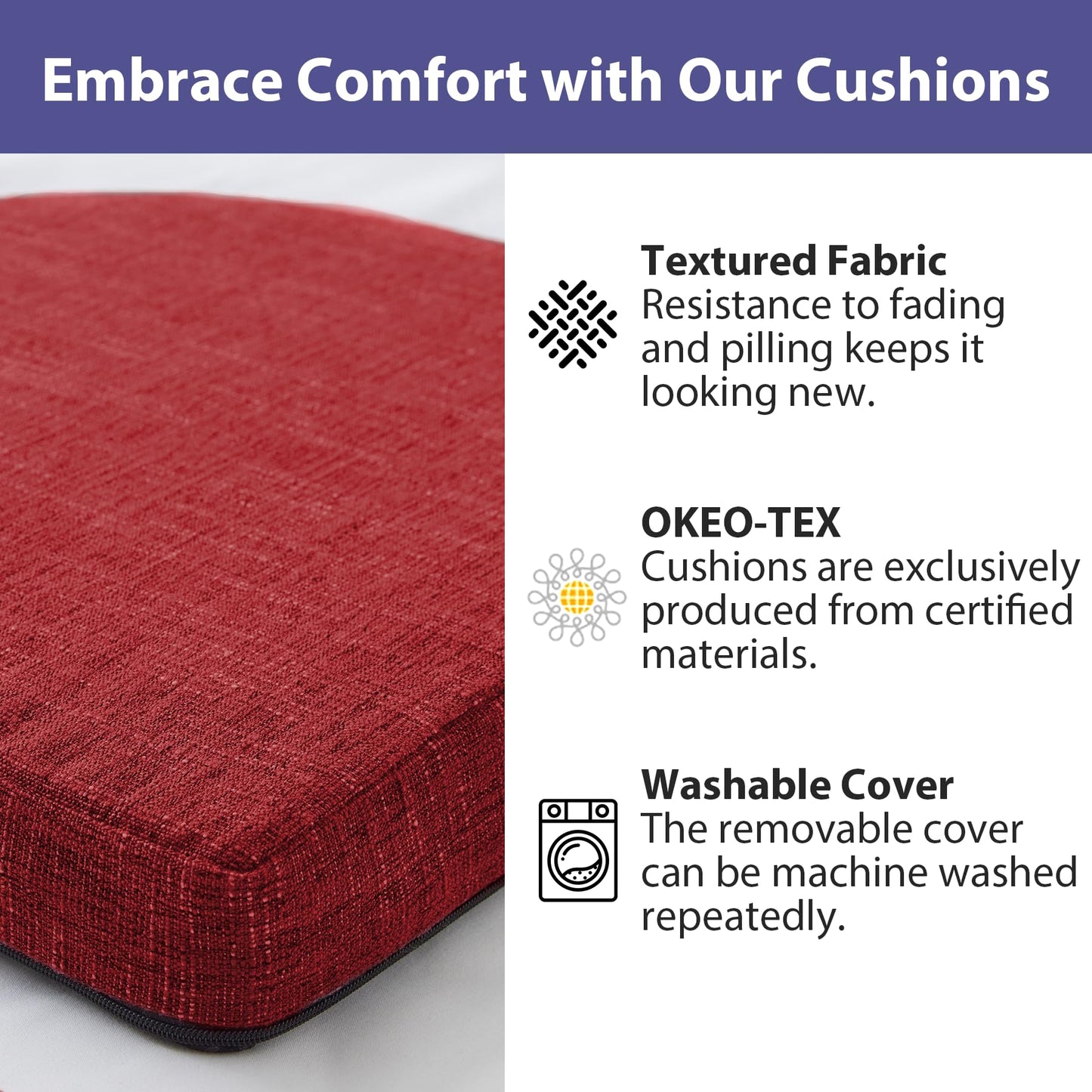 IPYNBAP Chair Cushions for Dining Chairs with Ties and Removable Cover, Dining Kitchen Chair Pads with Non-Slip Bottom, High-Resilience Indoor Seat Cushions, 16'' x 16'' x 2'', Set of 4, Red