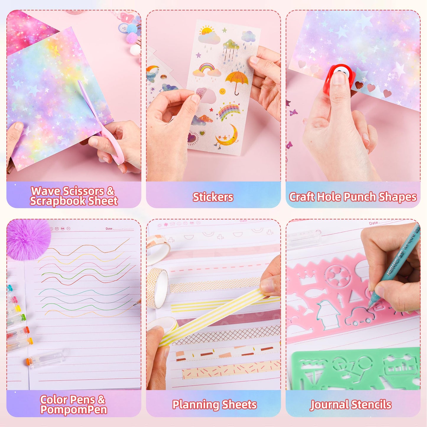LiYiQ Plush Axolotl Diary Gift for Girls Kids Travel Journal Secret Diary with Scrapbook Paper Stickers Journal Stencils Pompom Pen and Washi Tape Practical Set Gift for Birthday Christma (Cat)