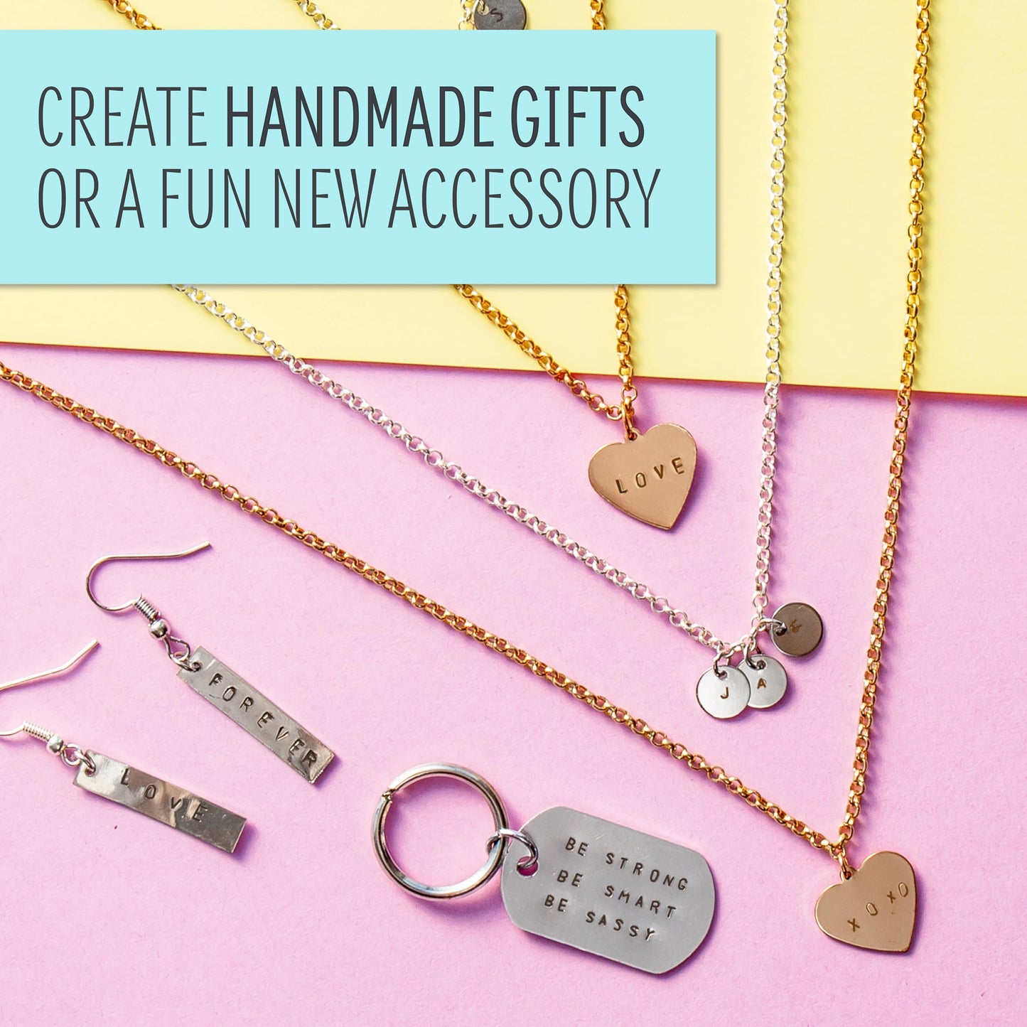 STMT DIY Hand Stamped Jewelry by Horizon Group USA, Create Personalized Vsco Girl Earrings, Bracelets & Necklaces with A Metal Letter Stamp Set, Hammer, Stamping Block, Charms & Earrings Included