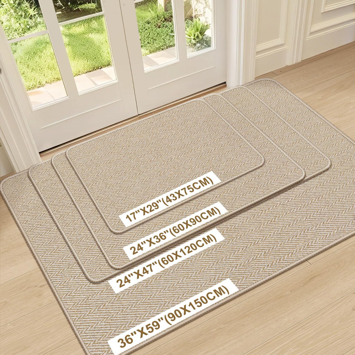 BEISIFLOOR Ultra Thin Door Mat Indoor Entrance 24"x47", Low-Profile Indoor Door Mat, Non Slip Entry Mat Rubber Backing Unique Herringbone Design Inside Doormat Dirt Trapper Entryway Mats, Beige
