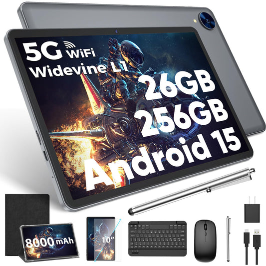Android 15 Tablet with Keyboard, 26GB RAM, 256GB ROM(2TB Expand), 10.1 inch Octa-Core Tablets, 5G/2.4G WiFi, 8000mAh Battery, BT 5.0, GMS Certified, with Mouse, Case, Stylus, Split screen(Black Case)