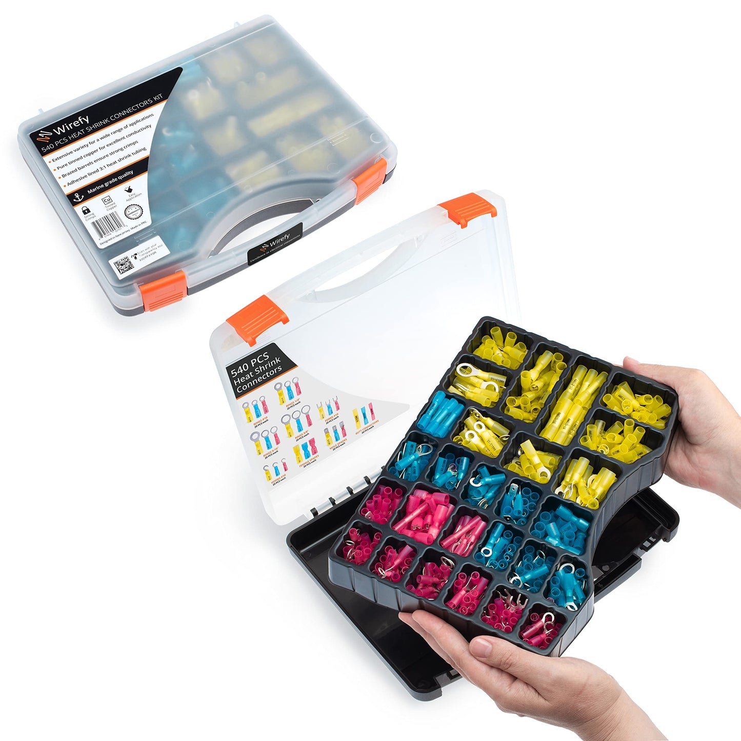 Wirefy Heat Shrink Crimp Connectors Kit - Heat Shrink Wire Connectors - Automotive Wire Connectors Kit - Insulated Ring, Spade, Fork, Hook & Butt Terminal Connectors - 22-10 Gauge - 540 PCS