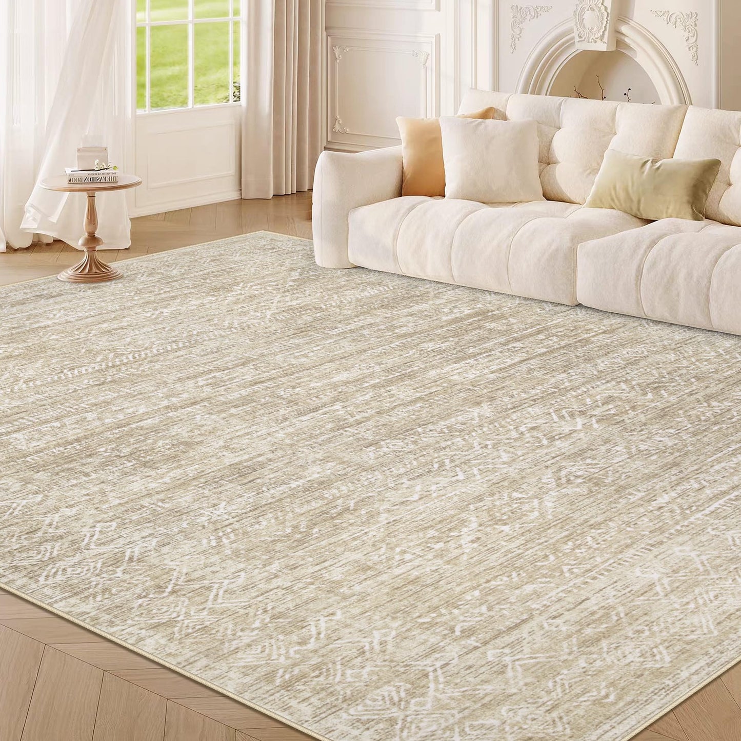 Washable Rug 6x9 Area Rugs: Modern Geometric Rugs for Living Room Non Slip Soft Low Pile Moroccan Indoor Carpet for Bedroom Nursery Dining Room Home Office Children's Room (Beige, 6'x9')
