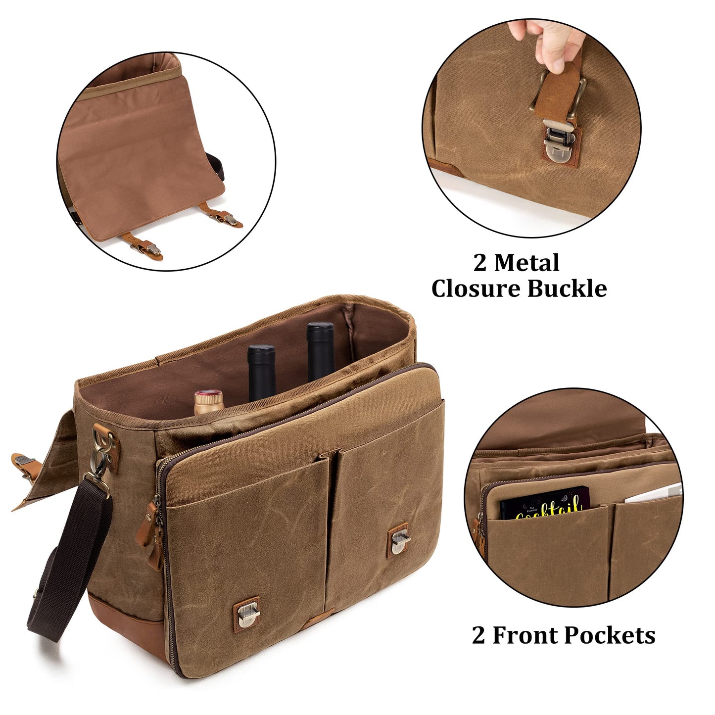 LoDrid Vintage Bartender Kit Bag with Flexible Compartments for Wine, Leather Waxed Canvas Bartender Bag with Removable Dividers, Bar Bag with Handle and Shoulder Strap, Bag Only, Patent Design