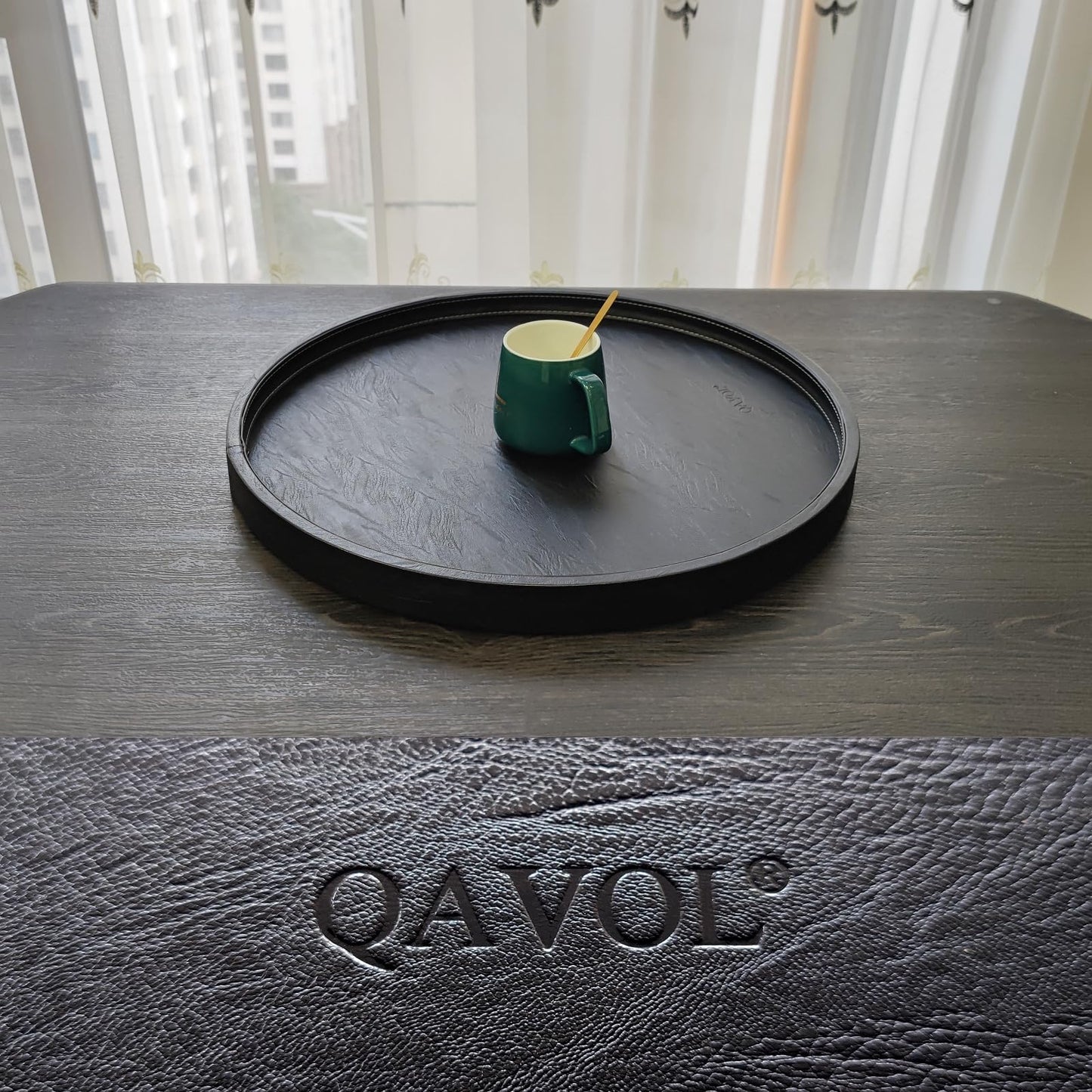 QAVOL 20 x 20 inches High-end Luxury Leather Round Oversized Service Tray, Ottoman & Coffee Tray for Family Dinner, Out-of-House Picnic, Party Essential (20 inch Black)