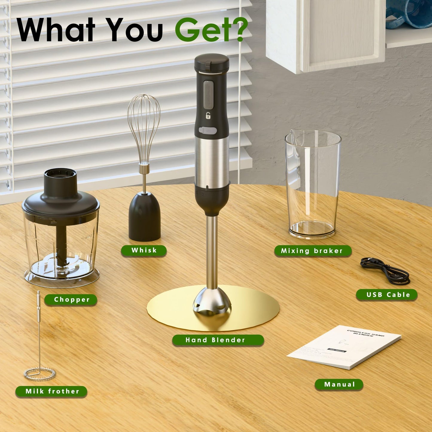 WHUTO Cordless Immersion Hand Blender, 5-in-1 Variable Speed blender handheld,Rechargeable with 2000mAh Battery, BPA-Free & Dishwasher-Safe Accessories:700ml Beaker,Chopper,Whisk & Milk Frother,Black