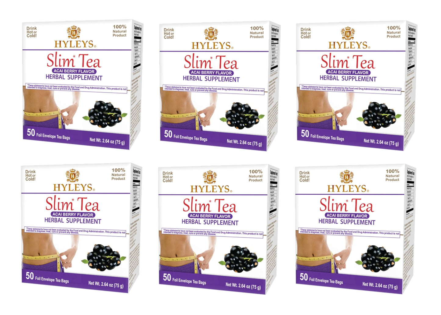 Hyleys Slim Tea Acai Berry 50 Ct - Weight Loss Herbal Supplement Cleanse and Detox - 50 Tea Bags (6 Pack)