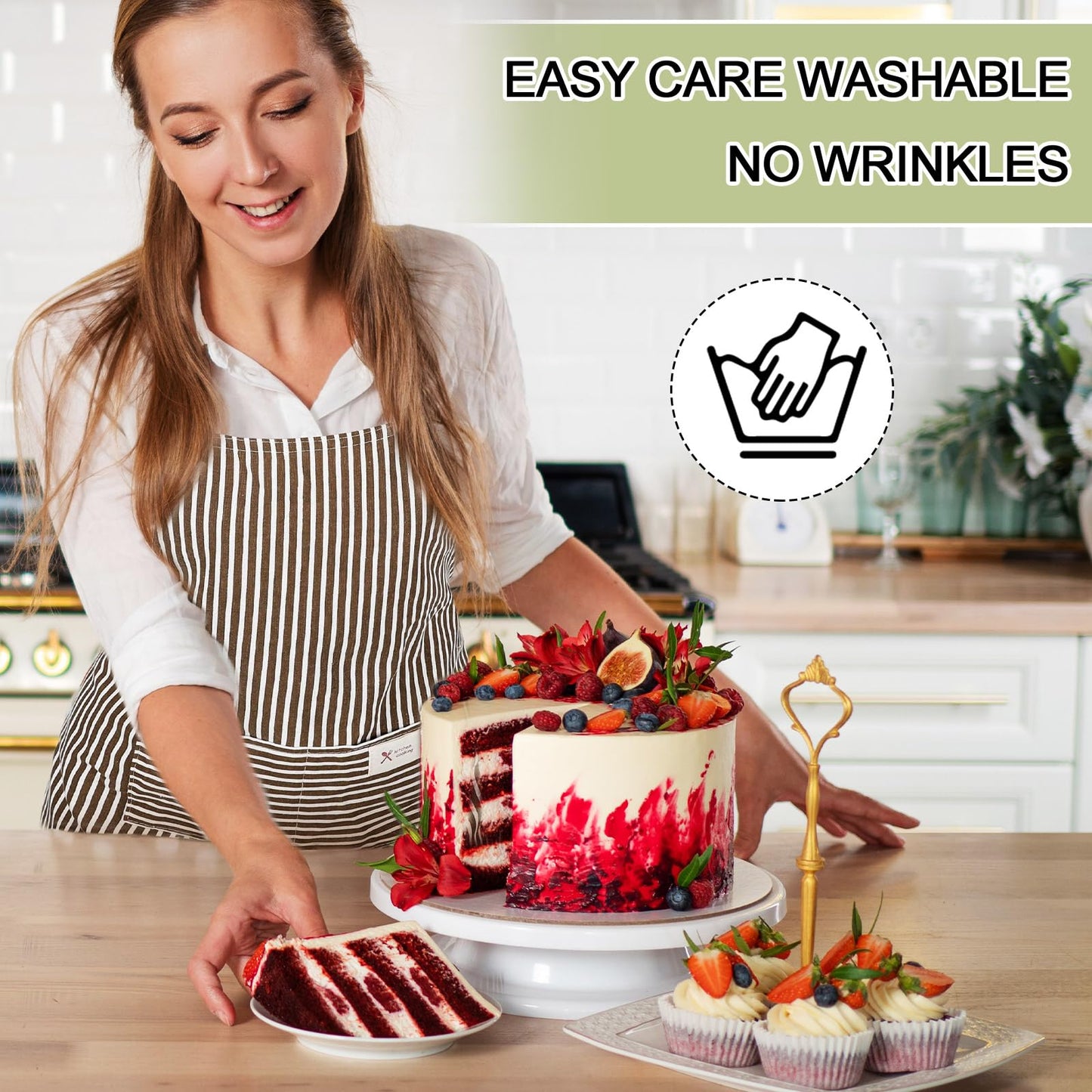 Janmercy 24 Pcs Aprons for Women Men with 2 Pockets Linen Cooking Kitchen Apron Adjustable Bib Chef Apron Bulk Aprons Unisex(Brown/green,Thin Stripes)