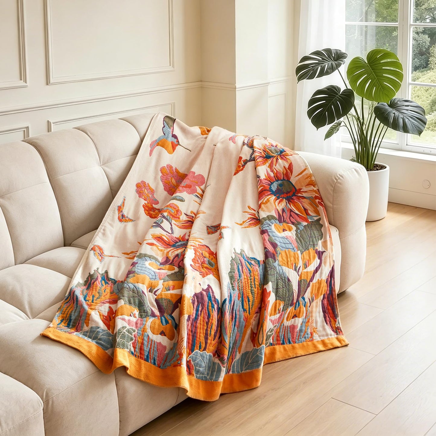 Wzvzss Boho Throw Blanket - 100% Cotton Soft Summer Throw Blanket for Bed, 90"x108" Reversible Breathable Lightweight Blankets, All Seasons Farmhouse Decor Floral Plant Butterfly Throw Quilt