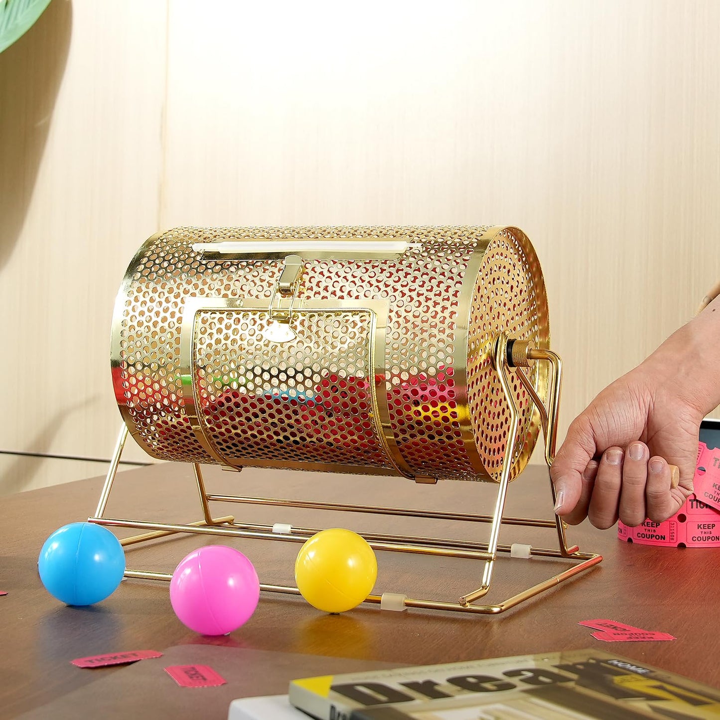 VEVOR Raffle Ticket Spinner - 12 x 8 Inch Raffle Drum Lottery Spinning Drawing, Brass Plated Raffle Tickets Roll Box with Wooden Turning Handle Holds 2500 Tickets or 100 Ping Pong Balls for Events