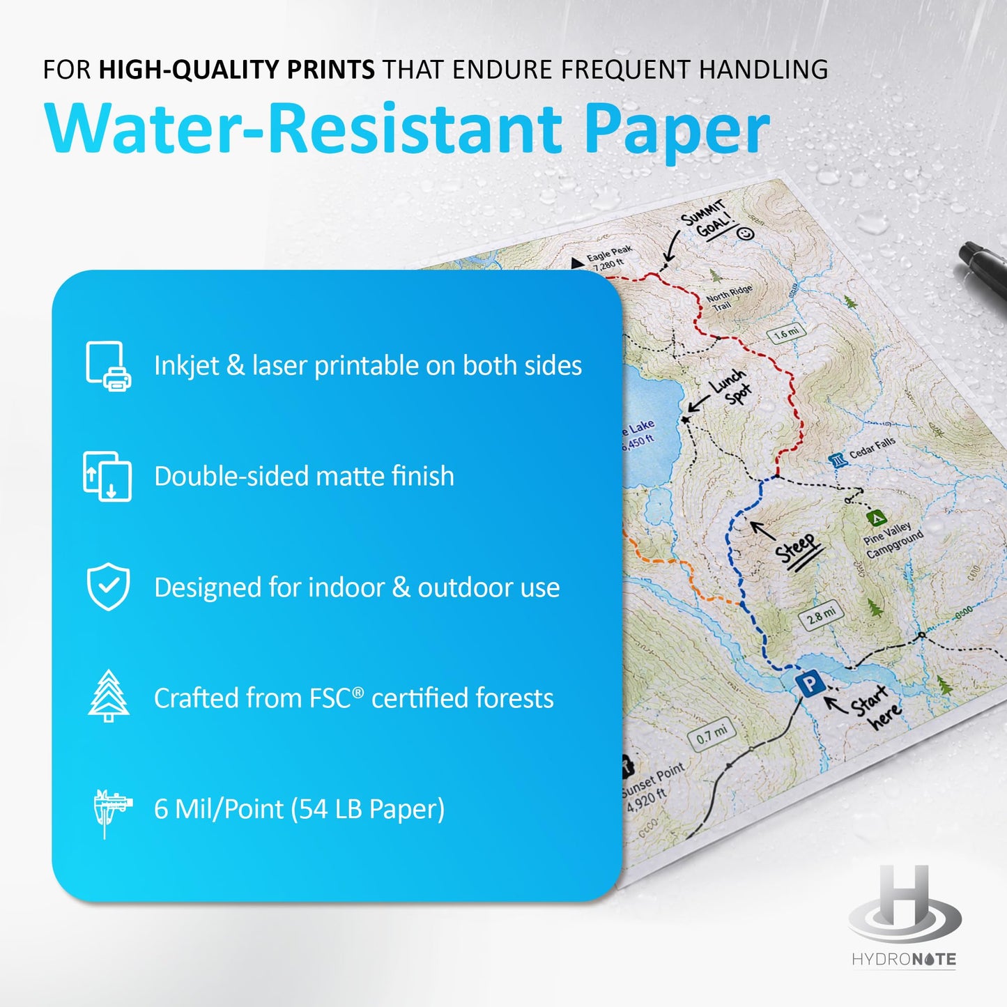 TerraSlate Waterproof Paper - Hydronote 54lb Multipurpose Copy Paper 8.5” x 11”, 100 Sheets, Inkjet Printer and Laser Printer Paper Compatible - Weather/Rain Proof, Durable, White Paper