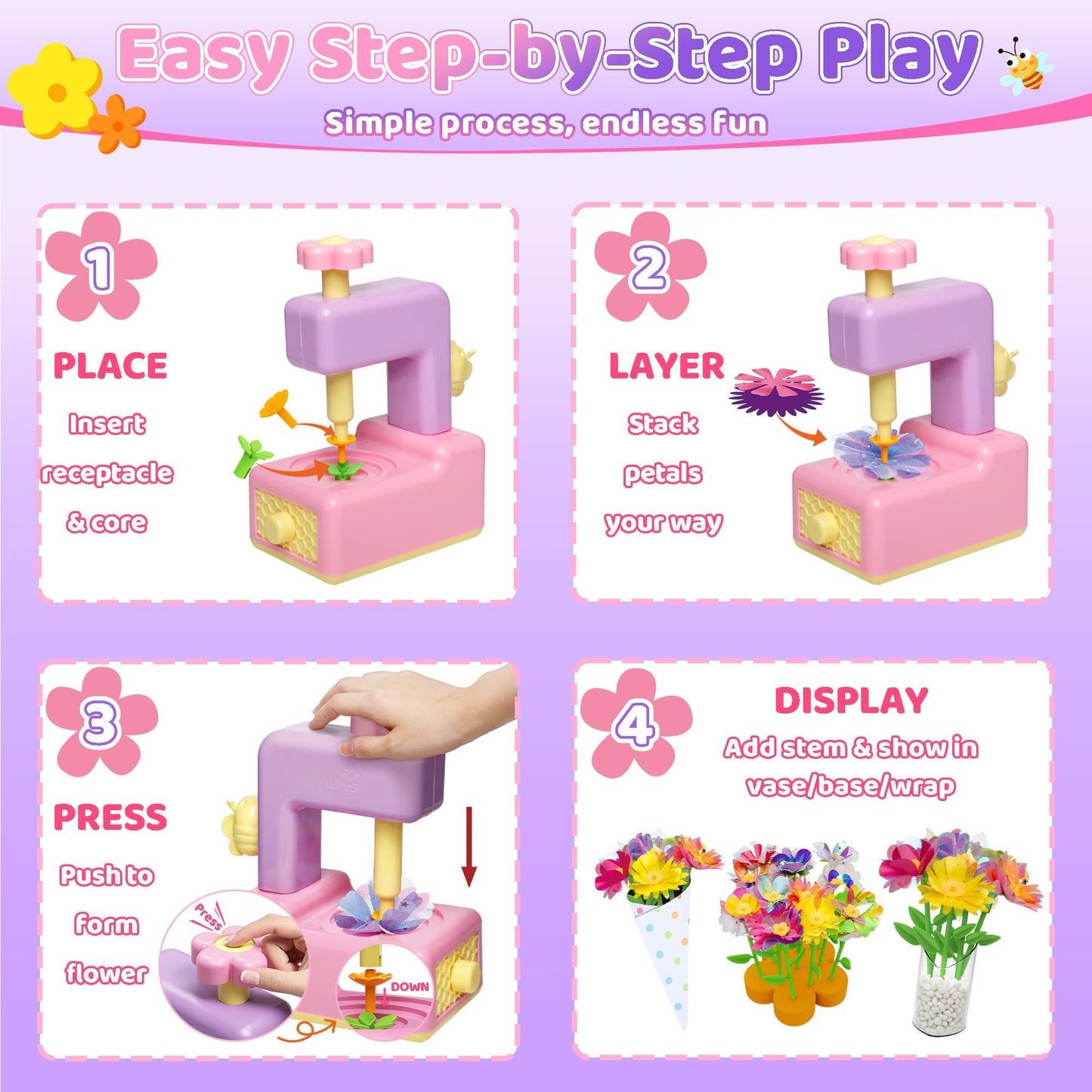 Kiditos Flower Maker Toy for Kids, DIY Flower Bouquet Craft Kit, Build Your Own Flower Bouquet, Flower Craft Kit for Girls, Arts and Crafts Gift for Girls Age 3+