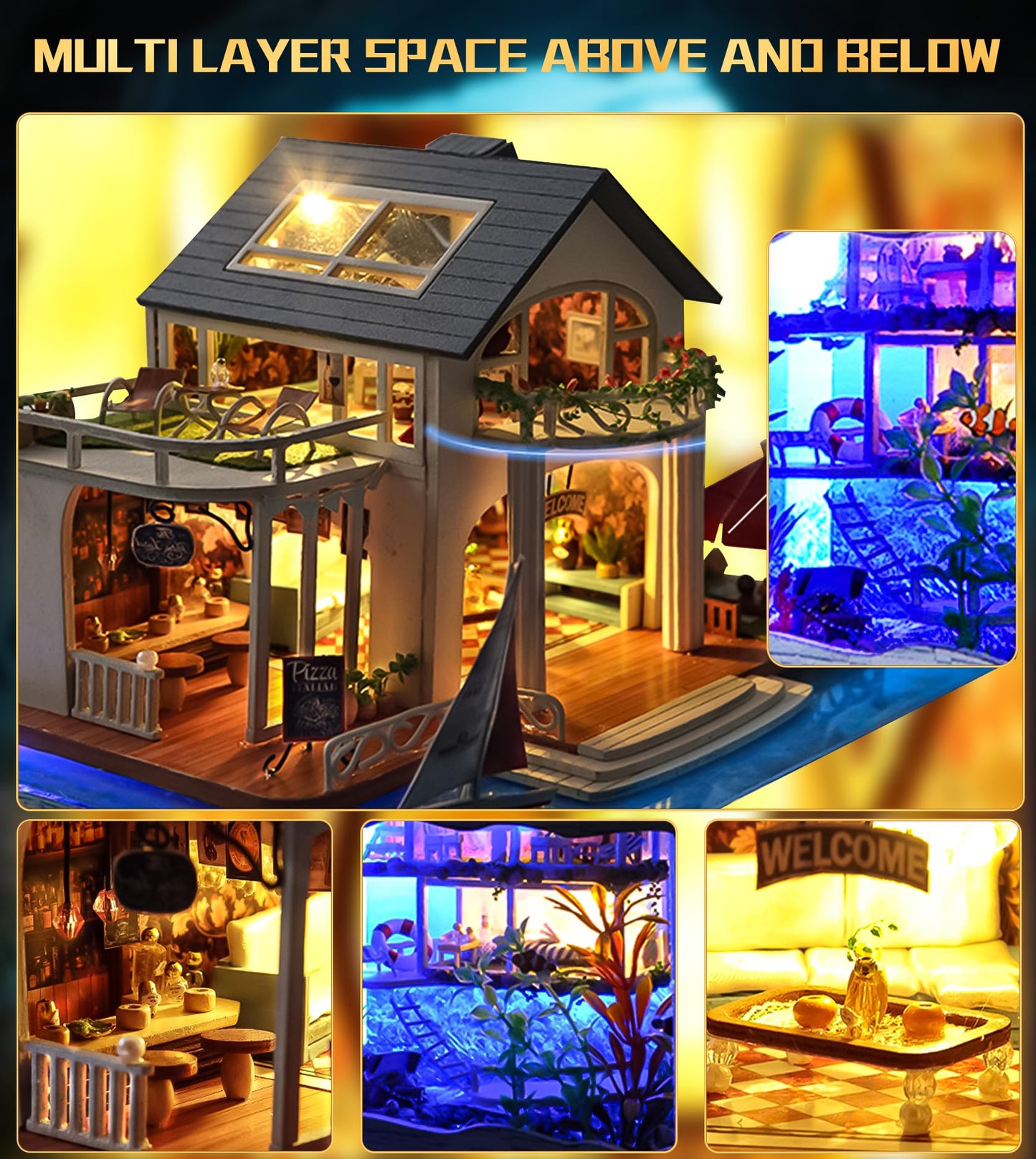 Spilay Miniature Dollhouse Kit with Furniture,DIY Dollhouse Kit Mini Modern Villa Model Plus Dust Cover and Music Box ,1:24 Scale Creative Room Idea for Children Birthday Gift(Hawaii Impression)