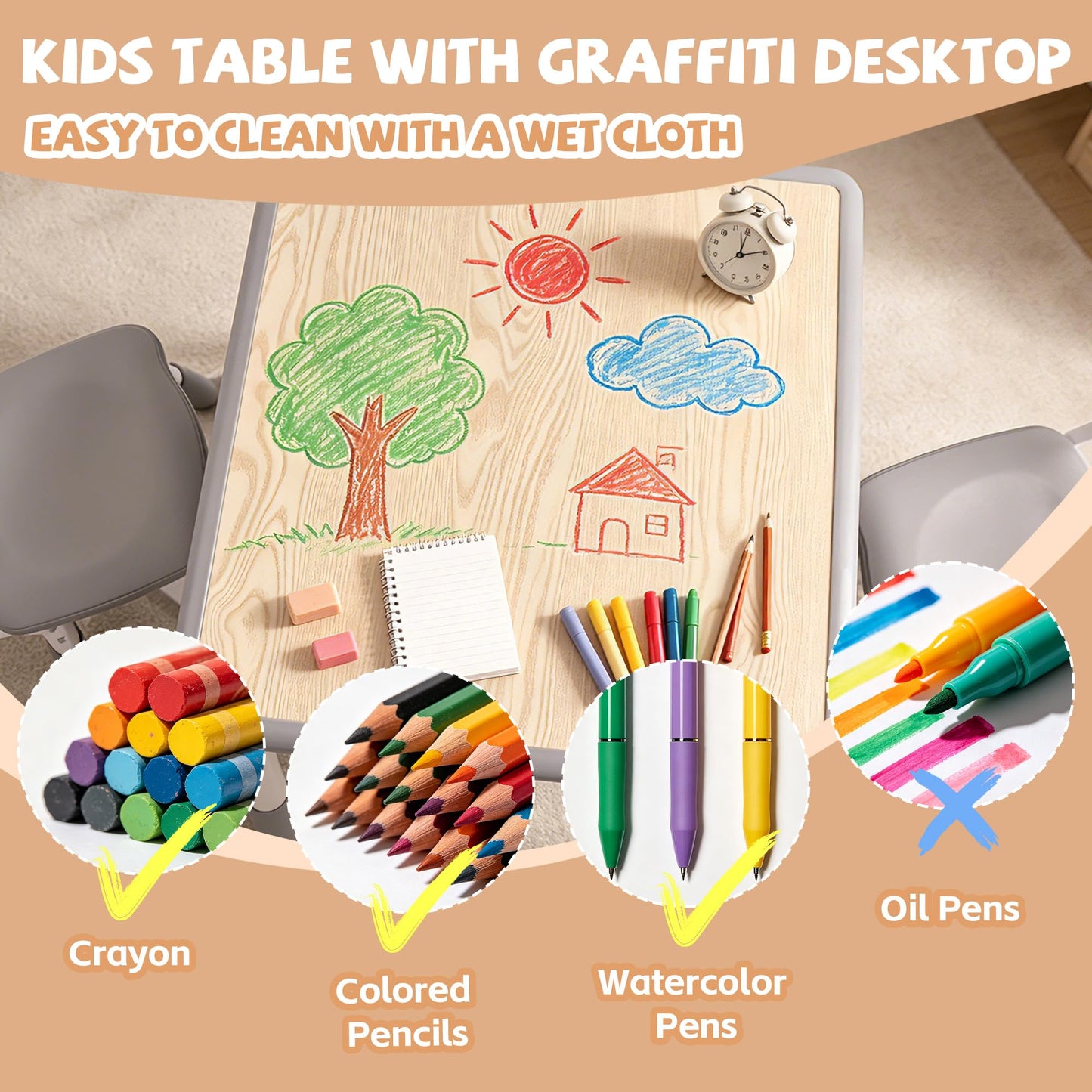 Pterying Kids Table and Chairs Set - 23.6" L x 23.6" W Height Adjustable Toddler Desk, Non-Slip Toddler Table with Graffiti Desktop for Ages 2-8, for Home Preschool Classroom Daycare, Grey