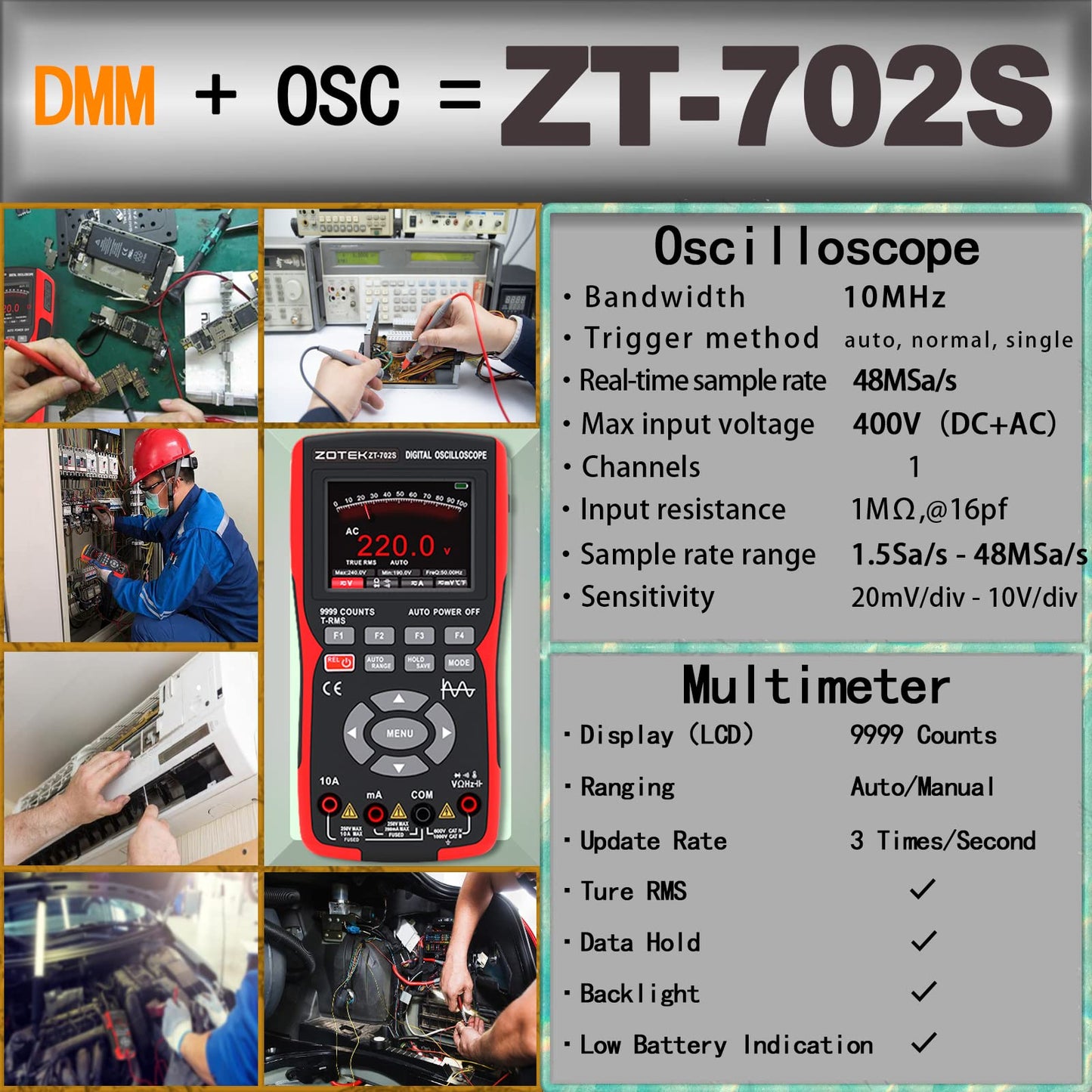 ZOTEK ZT-702S 2-in-1 Oscilloscope Multimeter with 2.8 Inch IPS Display,9999 Counts, Single Channel 10MHZ Bandwidth,48MSa/s High Real-time Sampling Rate,±400V Input Voltage,Measures Ohm-Volt-Tester