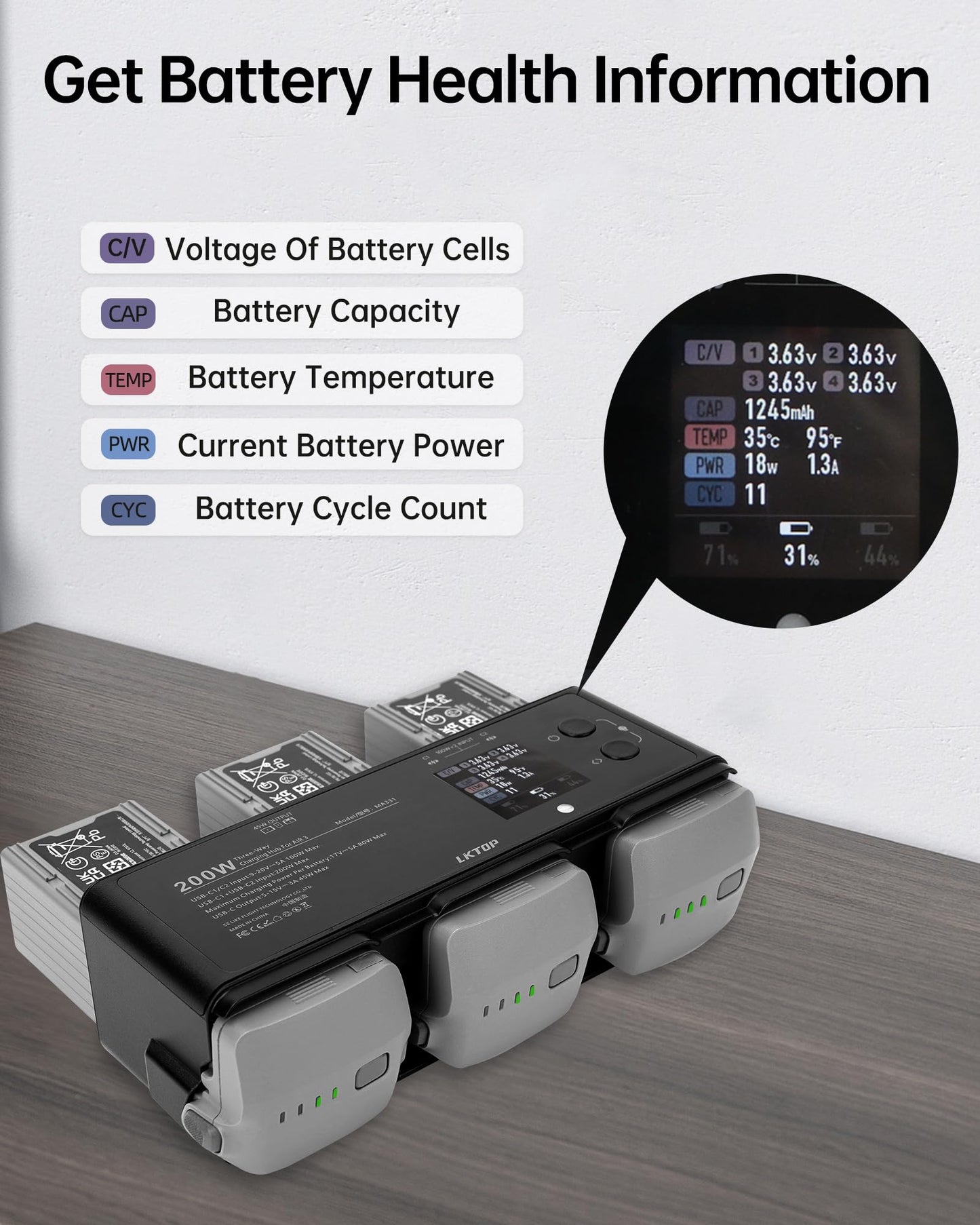 LKTOP 200W Air 3/Air 3S Battery Fast Charger Hub for DJI/Specta Air3 Series Drone Parallel USB-C Power Adapter with Collect Balance Battery Level/Fast Charging/Storage/LED/Alarm Mode, LCD Display