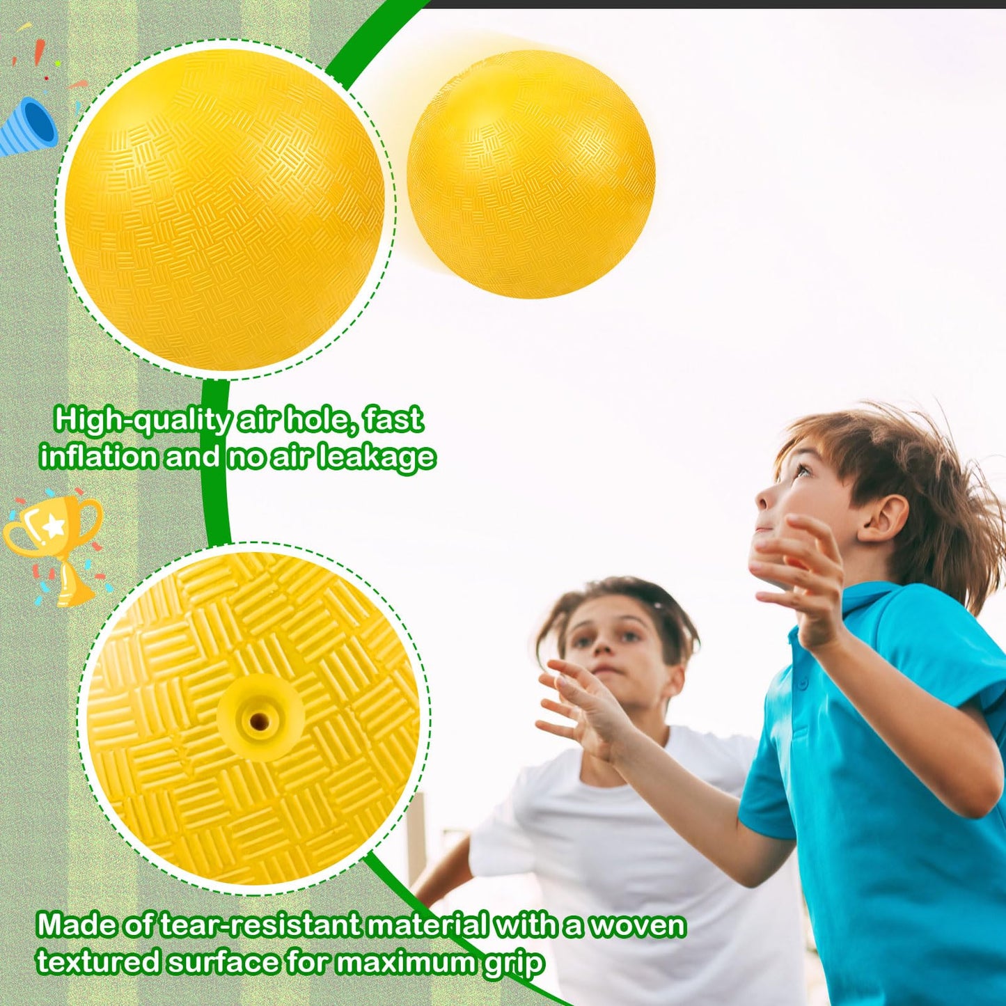 Jenaai 20 Pcs Sports Kickball Set, 3 10'' Playground Ball, 5 Rubber Throw Down Bases, Ball Pump, Net Bag, 10 Foul Line Cones, Kickball All in One Kit for Kids Adults Playground Backyard Game (Yellow)