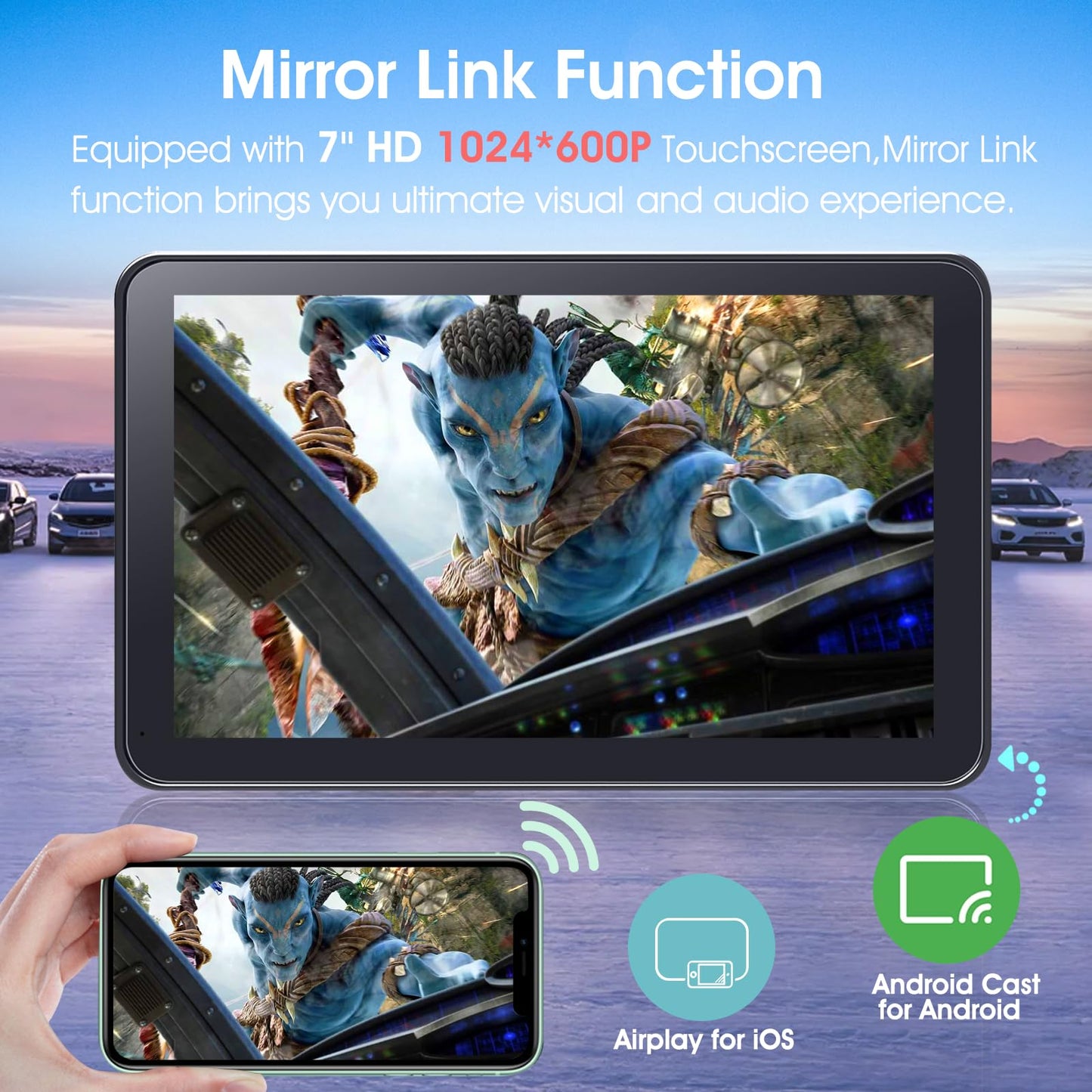 Wireless CarPlay Screen for Car, 7" HD Portable Stereo Touchscreen with Apple CarPlay & Android Auto, CarPlay Screen with Backup Camera, Mirror Link, Bluetooth, Navigation for All Vehicle