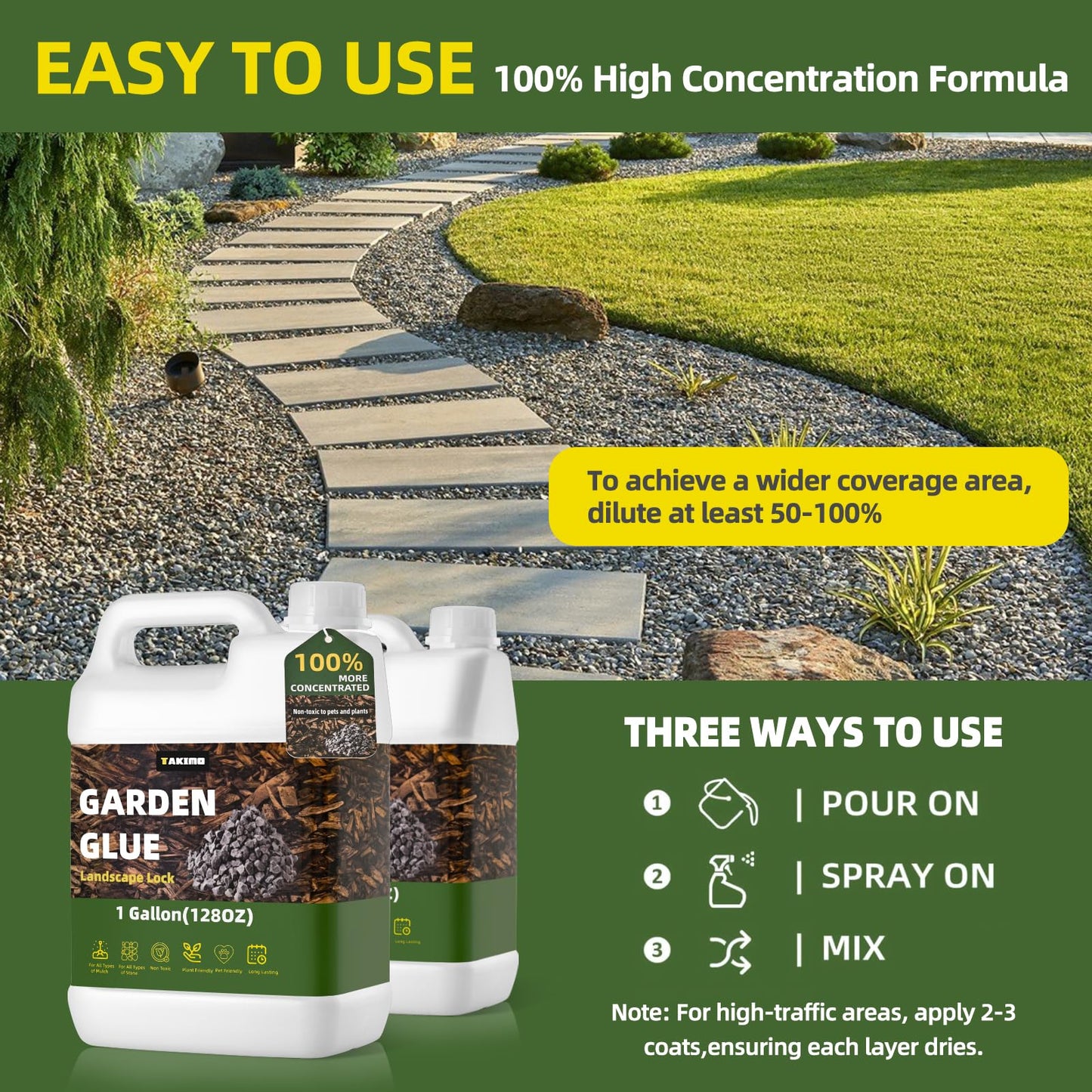 1 Gallon Garden Glue– Safe & Strong Mulch Glue for Home Yards –Covers 2X Area,Holds Mulch, Stones,Pebbles & Pine Straw in Place | Weatherproof, Non-Toxic Adhesive for Gardens,Walkways,Lawn,Driveways