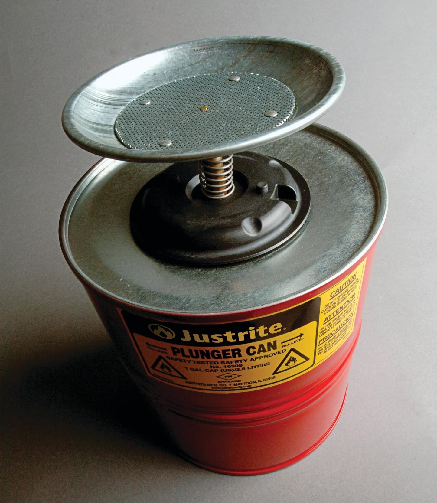 Justrite Plunger Can for Solvents, 1 Gallon Capacity, 10.5" x 7.25" Steel Push-Down Solvent Dispenser Can, Made in The USA Industrial Mechanic Tools, Red, 10308
