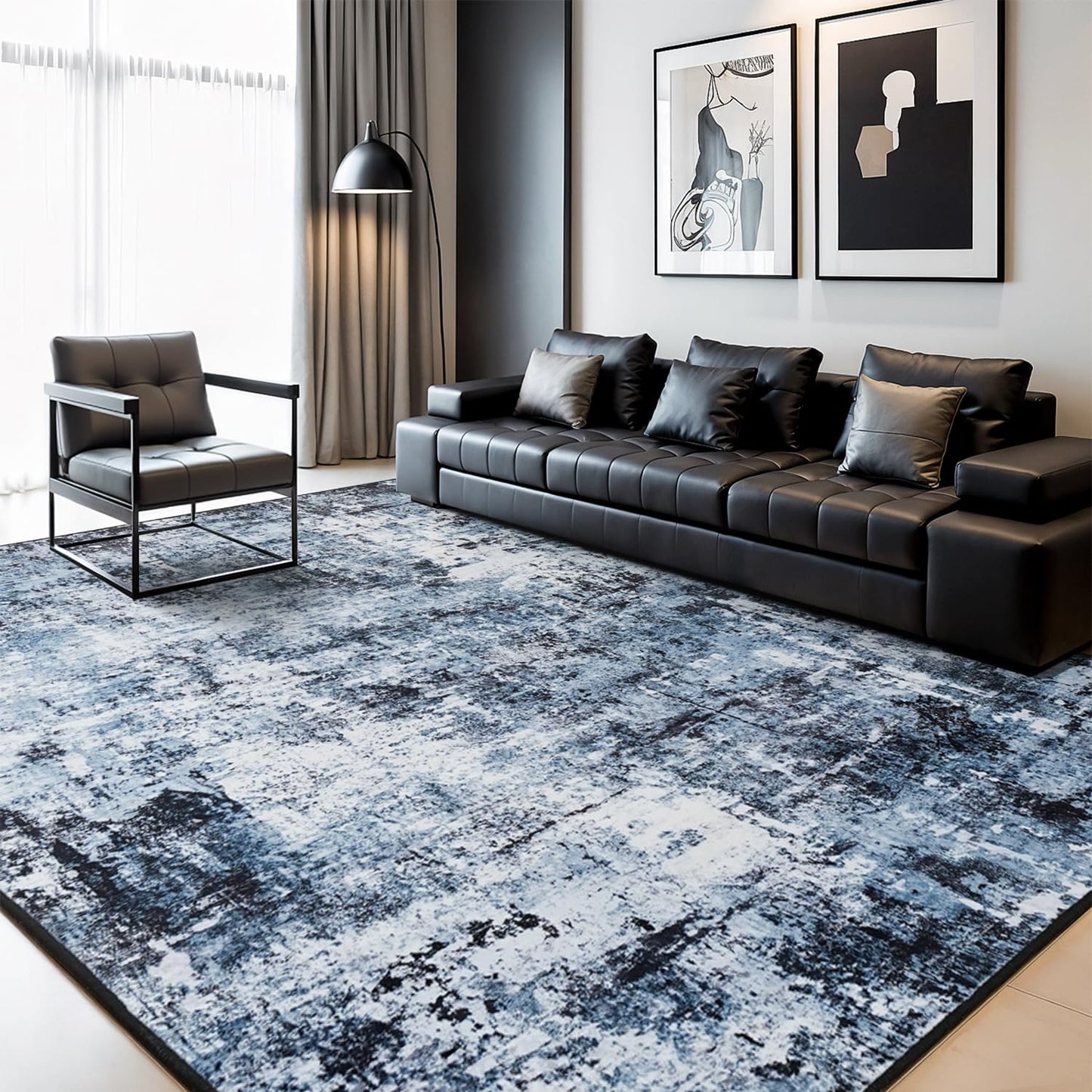 Rugflix 5x7 Area Rugs for Living Room, Washable Large Rug Stain-Resistant Low Pile, Modern Dark Carpet for Dining Room Home Office Kid Room Nursery Bedroom, Navy Blue/Black